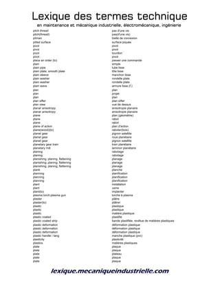 Lexique des termes techniqueLexique des termes techniqueLexique des termes techniqueLexique des termes technique
en maintenance et mécanique industrielle, électromécanique, ingénierieen maintenance et mécanique industrielle, électromécanique, ingénierieen maintenance et mécanique industrielle, électromécanique, ingénierieen maintenance et mécanique industrielle, électromécanique, ingénierie
pitch thread pas d'une vis
pitch(thread) pas(d'une vis)
pitman bielle de connexion
pitted surface surface piquée
pivot pivot
pivot pivot
pivot tourillon
pivot pivot
place an order (to) passer une commande
plain simple
plain pipe tube lisse
plain plate; smooth plate tôle lisse
plain sleeve manchon lisse
plain washer rondelle plate
plain washer rondelle plate
plain wave armure lisse (f.)
plan plan
plan projet
plan plan
plan sifter plan sifter
plan view vue de dessus
planar anisotropy anisotropie planaire
planar anisotropy anisotropie planaire
plane plan (géométrie)
plane rabot
plane rabot
plane of action plan d'action
plane(wood)(to) raboter(bois)
planet gear pignon satellite
planet gear roue planétaire
planet gear pignon satellite
planetary gear train train planétaire
planetary mill laminoir planétaire
planing rabotage
planing rabotage
planishing, planing, flattening planage
planishing, planing, flattening planage
planishing, planing, flattening planage
plank planche
planning planification
planning planification
planning planification
plant installation
plant usine
plant(to) implanter
plasma torch;plasma gun torche à plasma
plaster plâtre
plaster(to) plâtrer
plastic plastique
plastic plastique
plastic matière plastique
plastic coated plastifié
plastic coated strip bande plastifiée, revêtue de matières plastiques
plastic deformation déformation plastique
plastic deformation déformation plastique
plastic deformation déformation plastique
plastic handle / tang manche plastique (pvc)
plasticity plasticité
plastics matières plastiques
plate plaque
plate plaque
plate plateau
plate plaque
plate plaque
 