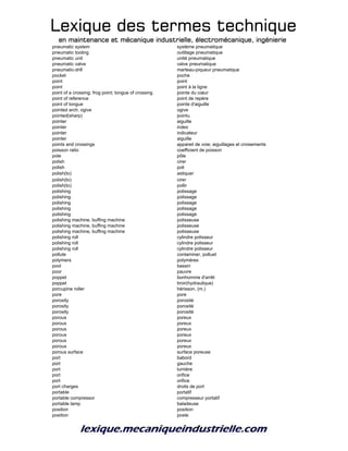 Lexique des termes techniqueLexique des termes techniqueLexique des termes techniqueLexique des termes technique
en maintenance et mécanique industrielle, électromécanique, ingénierieen maintenance et mécanique industrielle, électromécanique, ingénierieen maintenance et mécanique industrielle, électromécanique, ingénierieen maintenance et mécanique industrielle, électromécanique, ingénierie
pneumatic system système pneumatique
pneumatic tooling outillage pneumatique
pneumatic unit unité pneumatique
pneumatic valve valve pneumatique
pneumatic-drill marteau-piqueur pneumatique
pocket poche
point point
point point à la ligne
point of a crossing; frog point; tongue of crossing pointe du cœur
point of reference point de repère
point of tongue pointe d'aiguille
pointed arch; ogive ogive
pointed(sharp) pointu
pointer aiguille
pointer index
pointer indicateur
pointer aiguille
points and crossings appareil de voie; aiguillages et croisements
poisson ratio coefficient de poisson
pole pôle
polish cirer
polish poli
polish(to) astiquer
polish(to) cirer
polish(to) pollir
polishing polissage
polishing polissage
polishing polissage
polishing polissage
polishing polissage
polishing machine, buffing machine polisseuse
polishing machine, buffing machine polisseuse
polishing machine, buffing machine polisseuse
polishing roll cylindre polisseur
polishing roll cylindre polisseur
polishing roll cylindre polisseur
pollute contaminer, polluet
polymers polymères
pool bassin
poor pauvre
poppet bonhomme d'arrêt
poppet tiroir(hydraulique)
porcupine roller hérisson, (m.)
pore pore
porosity porosité
porosity porosité
porosity porosité
porous poreux
porous poreux
porous poreux
porous poreux
porous poreux
porous poreux
porous surface surface poreuse
port babord
port gauche
port lumière
port orifice
port orifice
port charges droits de port
portable portatif
portable compressor compresseur portatif
portable lamp baladeuse
position position
position poste
 