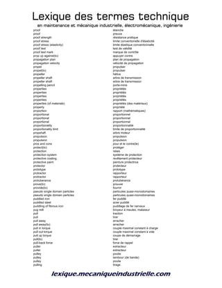 Lexique des termes techniqueLexique des termes techniqueLexique des termes techniqueLexique des termes technique
en maintenance et mécanique industrielle, électromécanique, ingénierieen maintenance et mécanique industrielle, électromécanique, ingénierieen maintenance et mécanique industrielle, électromécanique, ingénierieen maintenance et mécanique industrielle, électromécanique, ingénierie
proof étanche
proof preuve
proof strength résistance pratique
proof stress limite conventionelle d'élasticité
proof stress (elasticity) limite élastique conventionnelle
proof test test de validité
proof test mark marque de contrôle
prop up against(to) appuyer contre
propagation plan plan de propagation
propagation velocity vélocité de propagation
propel propulser
propel(to) propulser
propeller hélice
propeller shaft arbre de transmission
propeller shaft arbre de transmission
propelling pencil porte-mine
properties propriétés
properties propriétés
properties propriétés
properties propriétés
properties (of materials) propriétés (des matériaux)
property propriété
proportion rapport (mathématiques)
proportional proportionnel
proportional proportionnel
proportional proportionnel
proportionality proportionnalité
proportionality limit limite de proportionnalité
propshaft arbre moteur
propulsion propulsion
propulsion propulsion
pros and cons pour et le contre(le)
protect(to) protéger
protection relais
protection system système de protection
protective coating revêtement protecteur
protective paint peinture protectrice
protector protecteur
prototype prototype
protractor rapporteur
protractor rapporteur
protuberance protubérance
prove(to) prouver
provide(to) fournir
pseudo single domain particles particules quasi-monodomaines
pseudo single domain particles particules quasi-monodomaines
puddled iron fer puddlé
puddled steel acier puddlé
puddling of fibrous iron puddlage de fer nerveux
pug mill broyeur à meules; malaxeur
pull traction
pull tirer
pull away arracher
pull away(to) arracher
pull in torque couple maximal constant à charge
pull out torque couple maximal constant à vide
pull up torque coupe de démarrage
pull(to) tirer
pull-back force force de rappel
puller extracteur
puller extracteur
pulley poulie
pulley tambour (de bande)
pulley poulie
pulling tirage
 