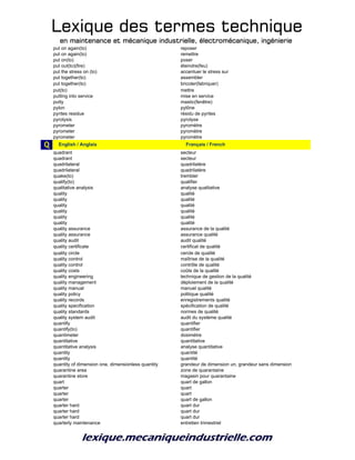 Lexique des termes techniqueLexique des termes techniqueLexique des termes techniqueLexique des termes technique
en maintenance et mécanique industrielle, électromécanique, ingénierieen maintenance et mécanique industrielle, électromécanique, ingénierieen maintenance et mécanique industrielle, électromécanique, ingénierieen maintenance et mécanique industrielle, électromécanique, ingénierie
put on again(to) reposer
put on again(to) remettre
put on(to) poser
put out(to)(fire) éteindre(feu)
put the stress on (to) accentuer le stress sur
put together(to) assembler
put together(to) bricoler(fabriquer)
put(to) mettre
putting into service mise en service
putty mastic(fenêtre)
pylon pylône
pyrites residue résidu de pyrites
pyrolysis pyrolyse
pyrometer pyromètre
pyrometer pyromètre
pyrometer pyromètre
Q q_English / Anglais q_Français / French
quadrant secteur
quadrant secteur
quadrilateral quadrilatère
quadrilateral quadrilatère
quake(to) trembler
qualify(to) qualifier
qualitative analysis analyse qualitative
quality qualité
quality qualité
quality qualité
quality qualité
quality qualité
quality qualité
quality assurance assurance de la qualité
quality assurance assurance qualité
quality audit audit qualité
quality certificate certificat de qualité
quality circle cercle de qualité
quality control maîtrise de la qualité
quality control contrôle de qualité
quality costs coûts de la qualité
quality engineering technique de gestion de la qualité
quality management déploiement de la qualité
quality manual manuel qualité
quality policy politique qualité
quality records enregistrements qualité
quality specification spécification de qualité
quality standards normes de qualité
quality system audit audit du système qualité
quantify quantifier
quantify(to) quantifier
quantimeter dosimètre
quantitative quantitative
quantitative analysis analyse quantitative
quantity quantité
quantity quantité
quantity of dimension one, dimensionless quantity grandeur de dimension un, grandeur sans dimension
quarantine area zone de quarantaine
quarantine store magasin pour quarantaine
quart quart de gallon
quarter quart
quarter quart
quarter quart de gallon
quarter hard quart dur
quarter hard quart dur
quarter hard quart dur
quarterly maintenance entretien trimestriel
 