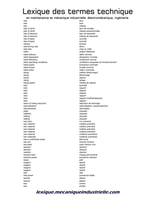Lexique des termes techniqueLexique des termes techniqueLexique des termes techniqueLexique des termes technique
en maintenance et mécanique industrielle, électromécanique, ingénierieen maintenance et mécanique industrielle, électromécanique, ingénierieen maintenance et mécanique industrielle, électromécanique, ingénierieen maintenance et mécanique industrielle, électromécanique, ingénierie
rate taux
rate taux
rate vitesse
rate of climb taux de montée
rate of climb vitesse ascentionnelle
rate of descent taux de descente
rate of descent vitesse de descente
rate of taper conicité
rate of taper conicité
rate(to) évaluer
rate;driving rate allure
rate;ratio mise au mille
rated calibré (étalloné)
rated delivery débit nominal
rated dissipation dissipation normale
rated efficiency rendement normal
rated operating conditions conditions assignées de fonctionnement
rated power puissance nominale
rated torque couple nominal
rated value valeur nominale
rating calibre (étalonnage)
rating étalonnage
rating régime
rating tarage
rating speed vitesse de régime
ratio quantité
ratio rapport
ratio rapport
ratio rapport
ratio rapport
ratio rapport (mathématiques)
ratio rapport
ration of rolling reduction réduction de laminage
rationalisation rationalisation; assainissement
rationalize(to) rationaliser
rattle cliqueter
rattle(to) cliqueter
rattling cliquetis
rattling cliquetis
raw (ore) cru (minerai)
raw material matière première
raw material matière première
raw material matière première
raw material matière première
raw material matières premières
raw materials matières premières
raw or unfinished sheet tôle brute
raw ore minerai rocheux
raw steel acier naturel, brut
reaction réaction
reaction réaction
reaction réaction
reactive load charge permanente
reactive power puissance réactive
ready prêt
reagent réactif
reagent réactif
reagent réactif
reagent réactif
real réel
real power puissance réelle
reamer alésoir
reamer alésoir
rear arrière
rear arrière
 