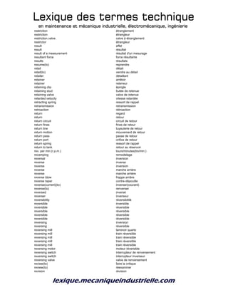Lexique des termes techniqueLexique des termes techniqueLexique des termes techniqueLexique des termes technique
en maintenance et mécanique industrielle, électromécanique, ingénierieen maintenance et mécanique industrielle, électromécanique, ingénierieen maintenance et mécanique industrielle, électromécanique, ingénierieen maintenance et mécanique industrielle, électromécanique, ingénierie
restriction étranglement
restriction étrangleur
restriction valve valve à étranglement
restrictor étrangleur
result effet
result résultat
result of a measurement résultat d'un mesurage
resultant force force résultante
results résultats
resume(to) reprendre
retail détail
retail(to) vendre au détail
retailer détaillant
retainer arrêtoir
retainer reteneur
retaining clip épingle
retaining stud butée de retenue
retaining valve valve de retenue
retarded velocity vitesse retardée
retracting spring ressort de rappel
retransmission retransmission
retroaction rétroaction
return regard
return retour
return circuit circuit de retour
return fines fines de retour
return line tuyauterie de retour
return motion mouvement de retour
return pass passe de retour
return port orifice de retour
return spring ressort de rappel
return to tank retour au réservoir
rev. per min.(r.p.m.) tours/minutes(trs/min.)
revamping remodelage
reversal inversion
reverse inverse
reverse inversion
reverse marche arrière
reverse marche arrière
reverse blow frappe arrière
reverse taper contre-dépouille
reverse(current)(to) inverser(courant)
reverse(to) renverser
reversed inversé
reverser inverseur
reversibility réversibilité
reversible inversible
reversible réversible
reversible réversible
reversible réversible
reversible réversible
reversing inversion
reversing réversible
reversing mill laminoir quarto
reversing mill train réversible
reversing mill train réversible
reversing mill train réversible
reversing mill train réversible
reversing motor moteur réversible
reversing switch interrupteur de renversement
reversing switch interrupteur inverseur
reversing valve valve de renversement
review(to) faire la critique
review(to) réexaminer
revision révision
 