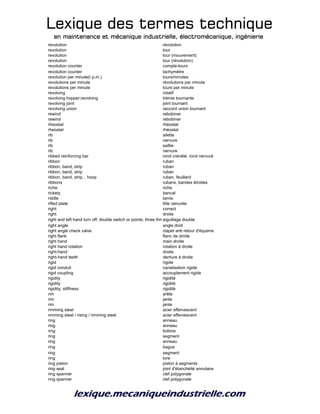 Lexique des termes techniqueLexique des termes techniqueLexique des termes techniqueLexique des termes technique
en maintenance et mécanique industrielle, électromécanique, ingénierieen maintenance et mécanique industrielle, électromécanique, ingénierieen maintenance et mécanique industrielle, électromécanique, ingénierieen maintenance et mécanique industrielle, électromécanique, ingénierie
revolution révolution
revolution tour
revolution tour (mouvement)
revolution tour (révolution)
revolution counter compte-tours
revolution counter tachymètre
revolution per minute(r.p.m.) tours/minutes
revolutions per minute révolutions par minute
revolutions per minute tours par minute
revolving rotatif
revolving hopper;revolving trémie tournante
revolving joint joint tournant
revolving union raccord union tournant
rewind rebobiner
rewind rebobiner
rheostat rhéostat
rheostat rhéostat
rib ailette
rib nervure
rib saillie
rib nervure
ribbed reinforcing bar rond crénélé; rond nervuré
ribbon ruban
ribbon, band, strip ruban
ribbon, band, strip ruban
ribbon, band, strip, , hoop ruban, feuillard
ribbons rubans, bandes étroites
riche riche
rickety bancal
riddle tamis
rifled plate tôle rainurée
right correct
right droite
right and left hand turn off; double switch or points; three throw switchaiguillage double
right angle angle droit
right angle check valve clapet anti retour d'équerre
right flank flanc de droite
right hand main droite
right hand rotation rotation à droite
right-hand droite
right-hand teeth denture à droite
rigid rigide
rigid conduit canalisation rigide
rigid coupling accouplement rigide
rigidity rigidité
rigidity rigidité
rigidity; stiffness rigidité
rim arête
rim jante
rim jante
rimming steel acier effervescent
rimming steel / rising / rimming steel acier effervescent
ring anneau
ring anneau
ring bobine
ring segment
ring anneau
ring bague
ring segment
ring tore
ring piston piston à segments
ring seal joint d'étanchéité annulaire
ring spanner clef polygonale
ring spanner clef polygonale
 