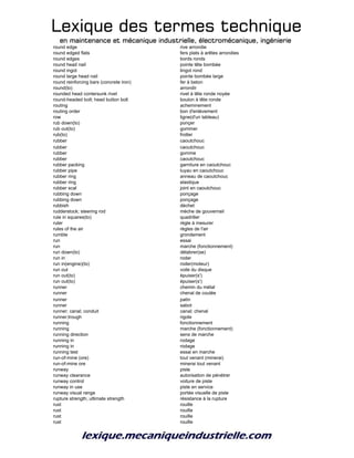 Lexique des termes techniqueLexique des termes techniqueLexique des termes techniqueLexique des termes technique
en maintenance et mécanique industrielle, électromécanique, ingénierieen maintenance et mécanique industrielle, électromécanique, ingénierieen maintenance et mécanique industrielle, électromécanique, ingénierieen maintenance et mécanique industrielle, électromécanique, ingénierie
round edge rive arrondie
round edged flats fers plats à arêtes arrondies
round edges bords ronds
round head nail pointe tête bombée
round ingot lingot rond
round large head nail pointe bombée large
round reinforcing bars (concrete iron) fer à beton
round(to) arrondir
rounded head contersunk rivet rivet à tête ronde noyée
round-headed bolt; head button bolt boulon à tête ronde
routing acheminement
routing order bon d'enlèvement
row ligne(d'un tableau)
rub down(to) ponçer
rub out(to) gommer
rub(to) frotter
rubber caoutchouc
rubber caoutchouc
rubber gomme
rubber caoutchouc
rubber packing garniture en caoutchouc
rubber pipe tuyau en caoutchouc
rubber ring anneau de caoutchouc
rubber ring elastique
rubber scal joint en caoutchouc
rubbing down ponçage
rubbing down ponçage
rubbish déchet
rudderstock; steering rod mèche de gouvernail
rule in squares(to) quadriller
ruler règle à mesurer
rules of the air règles de l'air
rumble grondement
run essai
run marche (fonctionnement)
run down(to) délabrer(se)
run in roder
run in(engine)(to) roder(moteur)
run out voile du disque
run out(to) épuiser(s')
run out(to) épuiser(s')
runner chemin du métal
runner chenal de coulée
runner patin
runner sabot
runner; canal; conduit canal; chenal
runner;trough rigole
running fonctionnement
running marche (fonctionnement)
running direction sens de marche
running in rodage
running in rodage
running test essai en marche
run-of-mine (ore) tout venant (minerai)
run-of-mine ore minerai tout venant
runway piste
runway clearance autorisation de pénétrer
runway control voiture de piste
runway in use piste en service
runway visual range portée visuelle de piste
rupture strength, ultimate strength résistance à la rupture
rust rouille
rust rouille
rust rouille
rust rouille
 