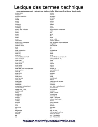 Lexique des termes techniqueLexique des termes techniqueLexique des termes techniqueLexique des termes technique
en maintenance et mécanique industrielle, électromécanique, ingénierieen maintenance et mécanique industrielle, électromécanique, ingénierieen maintenance et mécanique industrielle, électromécanique, ingénierieen maintenance et mécanique industrielle, électromécanique, ingénierie
scraper blade racleur
scrap-iron ferraille
scrap-iron merchant ferrailleur
scraps ferrailles
scratch rayure
scratch rayure
scratch rayure
scratch(to) gratter
scratch(to) rayer
scratching rayure
screech wear indicator témoin d'usure mécanique
screen crible
screen filtre
screen tamis
screen filtre
screen tamis
screen tamis; crible
screen area surface de tamis
screen cloth, wire gauze toile tamisante, tissu métallique
screen printing sérigraphie
screening fabric tissu à bluter
screw vis
screw vis
screw - tvpe pump pompe à vis
screw (to) serrer
screw (to) serrer
screw (to) serrer
screw bolt; threaded bolt boulon fileté; boulon taraudé
screw conveyor convoyeur à vis, (m.)
screw down visser
screw down(to) visser
screw gauge palmer
screw gauge palmer
screw gauge palmer
screw head nail; dummy screws fausses vis
screw machine tour traditionnel
screw off dévisser
screw off(to) dévisser
screw on visser
screw on(to) visser
screw tap; tap foret; taraud
screw wire fil à vis
screw-down mécanisme de serrage
screwdriver tournevis
screwdriver tournevis
screwed and socketed joint joint fileté à emboîtement
screwhead files limes à fendre
screws, bolts & nuts boulonnerie
scribbling pad brouillon
scriber pointe à tracer
scrub brush brosse dure
scrub brush brosse dure
scrub(to) frotter à la brosse
scrub(to) nettoyer à la brosse
scrub(to) récurer
scrubber tuyère laveuse
scum écume
scum mousse
scumming écumage
sea mer
sea disposal rejet en mer
sea freight frêt; transport maritime
sea level niveau de la mer
seal joint d'échantéité
seal joint d'étanchéité
 