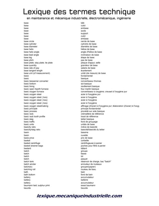 Lexique des termes techniqueLexique des termes techniqueLexique des termes techniqueLexique des termes technique
en maintenance et mécanique industrielle, électromécanique, ingénierieen maintenance et mécanique industrielle, électromécanique, ingénierieen maintenance et mécanique industrielle, électromécanique, ingénierieen maintenance et mécanique industrielle, électromécanique, ingénierie
base bâti
base culot
base embase
base socle
base support
base culot
base embase
base circle cercle de base
base cylinder cylindre de base
base diameter diamètre de base
base helix hélice de base
base helix angle angle d'hélice de base
base lead angle inclinaison de base
base leg étape de base
base pitch pas de base
base plate; stay plate; tie plate plaque d'appui; selle
base quantity grandeur de base
base rate of pay salaire de base
base tangent length écartement
base unit (of measurement) unité (de mesure) de base
basic fondamental
basic basique
basic bessemer converter convertisseur thomas
basic bottom sol basique
basic lining revêtement basique
basic open hearth furnace four martin basique
basic oxygen furnace convertisseur à oxygène; creuset à l'oxygène pur
basic oxygen steel acier à l'oxygène pur
basic oxygen steel ( bos) acier à l'oxygène
basic oxygen steel ( bos) acier à l'oxygène
basic oxygen steel ( bos) acier à l'oxygène
basic oxygen steelmaking affinage (d'acier) à l'oxygène pur; élaboration (d'acier) à l'oxygène pur
basic principle principe fondamental
basic process procédé sur sole basique
basic rack crémaillère de référence
basic rack tooth profile tracé de référence
basic slag laitier basique
basic traffic fond de groupage
basic units unités de base
basicity ratio indice de basicité
basicity/slag ratio basicité/basicité du laitier
basin bassine
basin cuvette
basis price prix de base
basket corbeille
basket centrifuge centrifugeuse à panier
basket strainer bags poches pour filtre à panier
bastard bâtard
batch groupe
batch liasse
batch lot
batch paquet
batch tank réservoir de charge, bac "batch"
batch winder enrouleur de rouleaux
batch(to) grouper(papier)
batching roll rouleau de tissu
bath bain
bath bottom fond de bain
battery accumulateur
battery batterie
battery accumulateur
baumann test; sulphur print essai baumann
bauxite bauxite
 