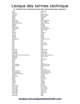 Lexique des termes techniqueLexique des termes techniqueLexique des termes techniqueLexique des termes technique
en maintenance et mécanique industrielle, électromécanique, ingénierieen maintenance et mécanique industrielle, électromécanique, ingénierieen maintenance et mécanique industrielle, électromécanique, ingénierieen maintenance et mécanique industrielle, électromécanique, ingénierie
set(to) ajuster(outil)
set(to) sertir
sets of files jeux de limes
setsquare équerre à dessin
setting étalonnage
setting réglable
setting tarage
setting knob bouton de réglage
setting screw vis de réglage
settle an invoice (to) régler une facture
settle(to) décanter
settling décharge
settling basin décanteur, (m.)
settling trough bac de décantation
settlings dépôt (résidu)
seven sept
sever(to) sectionner
sew, to coudre
shackle jumelle
shackle manille
shackle manille
shadowgraph projecteur d'ombre
shaft arbre
shaft arbre
shaft arbre (axe)
shaft broche (arbre)
shaft gaine
shaft arbre
shaft arbre
shaft angle angle des axes
shaft ends bouts d'arbre
shaft height hauteur d'axe
shaft height hauteur d'axe
shaft of rivet; rivet shank; shaft of nail tige de rivet; corps de rivet
shaft probe sonde de cuve
shaft;stack cuve
shallow peu profond
shank queue
shank tige
shank queue
shank diameter diamètre de la tige
shank diameter diamètre du corps
shape forme
shape forme
shape type / formes
shape anisotropy anisotropie de forme
shape anisotropy anisotropie de forme
shape factor,sphericity facteur de forme
shape(to) modeler
shaped wire fil profilé
shaper étau limeur
shaper étau-limeur
shapes formes
shaping profilage
sharing cisaillage
sharp coupant
sharp corners bords vifs
sharp edge bord coupant
sharp edge bord tranchant
sharp edged arêtes vives
sharp edged arêtes vives
sharp edged arêtes vives
sharpen (to) affûter
sharpen (to) affûter
 