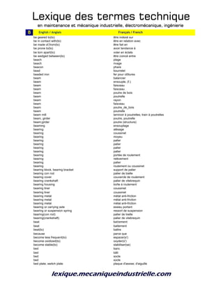 Lexique des termes techniqueLexique des termes techniqueLexique des termes techniqueLexique des termes technique
en maintenance et mécanique industrielle, électromécanique, ingénierieen maintenance et mécanique industrielle, électromécanique, ingénierieen maintenance et mécanique industrielle, électromécanique, ingénierieen maintenance et mécanique industrielle, électromécanique, ingénierie
B bb_English / Anglais bb_Français / French
be geared to(to) être indexé sur
be in contact with(to) être en relation avec
be made of,from(to) être fait en
be prone to(to) avoir tendance à
be torn apart(to) voler en éclats
be wedged between(to) être coincé entre
beach plage
beach rivage
beacon phare
bead bourrelet
beaded iron fer pour clôtures
beam balancier
beam ensouple, (f.)
beam faisceau
beam faisceau
beam poutre de bois
beam poutrelle
beam rayon
beam faisceau
beam poutre_de_bois
beam poutrelle
beam mill laminoir à poutrelles; train à poutrelles
beam, girder poutre, poutrelle
beam;girder poutre (structure)
beaming ensouplage
bearing alésage
bearing coussinet
bearing moyeu
bearing palier
bearing palier
bearing palier
bearing palier
bearing portée de roulement
bearing relèvement
bearing palier
bearing roulement ou coussinet
bearing block, bearing bracket support de palier
bearing con rod palier de bielle
bearing cover couvercle de roulement
bearing crankshaft palier de vilebrequin
bearing housing boîte à roulement
bearing liner coussinet
bearing liner coussinet
bearing metal métal anti-friction
bearing metal métal anti-friction
bearing metal métal anti-friction
bearing or carrying axle essieu portant
bearing or suspension spring ressort de suspension
bearing(con rod) palier de bielle
bearing(crankshaft) palier de vilebrequin
beat battement
beat battement
beat(to) battre
because parce que
become less frequent(to) espacer(s')
become oxidized(to) oxyder(s')
become stable(to) stabiliser(se)
bed banc
bed bâti
bed socle
bed socle
bed plate; switch plate plaque d'assise; d'aiguille
 