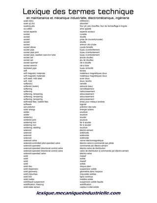 Lexique des termes techniqueLexique des termes techniqueLexique des termes techniqueLexique des termes technique
en maintenance et mécanique industrielle, électromécanique, ingénierieen maintenance et mécanique industrielle, électromécanique, ingénierieen maintenance et mécanique industrielle, électromécanique, ingénierieen maintenance et mécanique industrielle, électromécanique, ingénierie
soak in(to) infiltrer(s')
soak up (to) absorber
soaking pits four pit; pits chauffés; four de réchauffage à lingots
so-called ainsi appelé
social aspects aspects sociaux
socket cuvette
socket douille
socket prise de courant(murale)
socket douille
socket wrench clé à tube
socket elbow coude femelle
socket pipe tuyau à emboîtement
socket pipe joint tuyau à emboitement
socket pipe; swelled cast-iron tube tuyau à emboitement
socket set jeu(de douille)
socket set jeu de douilles
socket spanner clé à douille
socket wrench clé à tube
socketed pipe tuyau emboîté
soft tendre
soft magnetic materials matériaux magnétiques doux
soft magnetic materials matériaux magnétiques doux
soft steel; mild steel acier doux
soft, mild doux; tendre
soften(to) ramollir
softened (water) adoucie (eau)
softening ramollissement
softening radoucissement
softening, tempering adoucissement
softening, tempering adoucissement
softening, tempering adoucissement
softmetal files / babbit files limes pour métaux tendres
software logiciel
soil pollution pollution des sols
solar energy énergie solaire
solder soudure
solder soudure
solder(to) souder
soldered joint soudure
soldering iron fer à souder
soldering iron fer à souder
soldering; welding soudure
solenoid électro-aimant
solenoid solénoide
solenoid solénoïde
solenoid solénoide
solenoid valve vanne électromagnétique
solenoid-controlled pilot-operated valve électro-valve à commande par pilote
solenoid-operated commande par électro-aimant
solenoid-operated directional control valve électro-valve de distribution
solenoid-operated directional control valve valve de distribution à commande par électro-aimant
solenoid-operated valve électro-valve
solid massif
solid solide
solid massif
solid solide
solid disc disque plein
solid dispersion suspension solide
solid geometry géométrie dans l'espace
solid impurities impuretés solides
solid line ligne continue
solid matter matière solide
solid/liquid suspension suspension solide liquide
solidification; freezing solidification
solid-state sensor capteur à état solide
 