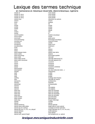 Lexique des termes techniqueLexique des termes techniqueLexique des termes techniqueLexique des termes technique
en maintenance et mécanique industrielle, électromécanique, ingénierieen maintenance et mécanique industrielle, électromécanique, ingénierieen maintenance et mécanique industrielle, électromécanique, ingénierieen maintenance et mécanique industrielle, électromécanique, ingénierie
soluble oil huile soluble
soluble oil, slurry huile soluble
soluble oil, slurry huile soluble
soluble oil, slurry huile soluble
solution loss dissolution du carbone
solvent solvant
some quelque
soon tôt
sorbite sorbite
sorbite sorbite
sorbite sorbite
sorry désolé
sort(to) trier
sorting tri
sound insulation isolation acoustique
sound out(to) sonder
sound part partie saine
sound technology technologie acoustique
sounding rod sonde de niveau
soundness solidité
soundproof isoler le son
soundproof(to) isoler(son)
south sud
space espace
space espace
space between dents espace inter dents
space out(to) espacer
space technology technologie spatiale
space width intervalle
space width normal intervalle réel/normal (tc)
space width transverse intervalle apparent (tc)
spacer coussinet
spacer entretoise
spacer entretoise
spacer coussinet, entretoise
spacing piece entretoise
spacing;pitch pas (des boites,des tubes ...)
spackle mastic(bois)
spall ecailler
spall ecailler
spall ecailler
spalling écaillage (des briques)
span intervalle de mesure
span(arch) portée(arche)
span(to) enjamber
span(wing) envergure(aile)
spanner clé
spanner clé anglaise
spanner clé anglaise
spare part pièce de rechange
spare part pièce de rechange
spare part pièce de rechanges
spare part pièce de rechange
spark arrester pare-étincelles
spark erosion électroérosion
spark plug bougie d'allumage
sparkle scintiller
special spécial
special hardening trempe spéciale
special heavy steel plates larges plats en acier spécial
special pig iron castings moulages de fontes spéciales
special pig irons, ni, ni-cr, mo, alloyed fontes spéciales (au ni, cr-ni, mo, etc.)
special sections profils spéciaux
special steel acier spécial
special tariff; special freight tarif exceptionnel, ou, spécial
 