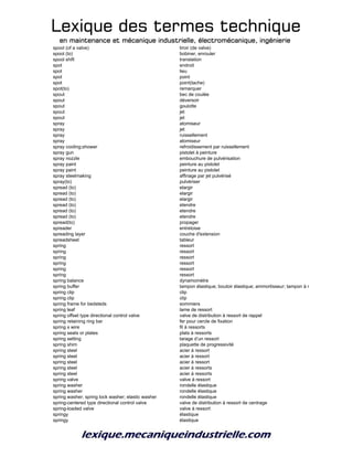 Lexique des termes techniqueLexique des termes techniqueLexique des termes techniqueLexique des termes technique
en maintenance et mécanique industrielle, électromécanique, ingénierieen maintenance et mécanique industrielle, électromécanique, ingénierieen maintenance et mécanique industrielle, électromécanique, ingénierieen maintenance et mécanique industrielle, électromécanique, ingénierie
spool (of a valve) tiroir (de valve)
spool (to) bobiner, enrouler
spool shift translation
spot endroit
spot lieu
spot point
spot point(tache)
spot(to) remarquer
spout bec de coulée
spout déversoir
spout goulotte
spout jet
spout jet
spray atomiseur
spray jet
spray ruissellement
spray atomiseur
spray cooling;shower refroidissement par ruissellement
spray gun pistolet à peinture
spray nozzle embouchure de pulvérisation
spray paint peinture au pistolet
spray paint peinture au pistolet
spray steelmaking affinage par jet pulvérisé
spray(to) pulvériser
spread (to) elargir
spread (to) elargir
spread (to) elargir
spread (to) etendre
spread (to) etendre
spread (to) etendre
spread(to) propager
spreader entretoise
spreading layer couche d'extension
spreadsheet tableur
spring ressort
spring ressort
spring ressort
spring ressort
spring ressort
spring ressort
spring balance dynamomètre
spring buffer tampon élastique; boutoir élastique; ammortisseur; tampon à ressort
spring clip clip
spring clip clip
spring frame for bedsteds sommiers
spring leaf lame de ressort
spring offset type directional control valve valve de distribution à ressort de rappel
spring retaining ring bar fer pour cercle de fixation
spring s wire fil à ressorts
spring seats or plates plats à ressorts
spring setting tarage d’un ressort
spring shim plaquette de progressivité
spring steel acier à ressort
spring steel acier à ressort
spring steel acier à ressort
spring steel acier à ressorts
spring steel acier à ressorts
spring valve valve à ressort
spring washer rondelle élastique
spring washer rondelle élastique
spring washer; spring lock washer; elastic washer rondelle élastique
spring-centered type directional control valve valve de distribution à ressort de centrage
spring-loaded valve valve à ressort
springy élastique
springy élastique
 