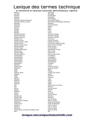 Lexique des termes techniqueLexique des termes techniqueLexique des termes techniqueLexique des termes technique
en maintenance et mécanique industrielle, électromécanique, ingénierieen maintenance et mécanique industrielle, électromécanique, ingénierieen maintenance et mécanique industrielle, électromécanique, ingénierieen maintenance et mécanique industrielle, électromécanique, ingénierie
stamping découpage
stamping découpage
stamping emboutissage
stamping estampage
stamping emboutissage
stamping machine;ramming ma- dame (pneumatique)
stamping; marking; punching poinçonnage; estampillage; estampage
stampings découpes
stampings pieces embouties
stanchion etançon
standard étalon
standard étalon
standard norme
standard norme
standard dimension dimension standard
standard dimension dimension standard
standard dimension dimension standard
standard error erreur type
standard module module normalisé
standard points or switch changement normal
standard section profil normal; profilé normalisé
standard section of tyre profil normal du bandage
standard sections profils normaux
standard shape format standard
standard specifications spécifications; normes
standard tube tuyau normal
standard weight poids normal
standard wheel set train de roues normal
standardisation normalisation
standardization normalisation
standardization standardisation
standardization standardisation
standardization standardisation
standardized normalisé
standards normes
standby motor moteur de secours
standby set groupe de secours
staple agrafe
staple crampon
staple for staves crampon pour douves
staple(to) agrafer
stapler agrafeuse
staples crampons
starboard droite
starboard tribord
starkness raideur
starkness rigidité
start marche (mise en marche)
start démarrer
start up mise en marche
start(to) démarrer
startboard tribord
starting amorçage
starting mise en marche
starting motor démarreur
starting motor démarreur
starting point point de départ
starting point of meshing début du contact
starting set groupe de démarrage
starting torque coupe de démarrage
starting up mise en marche
starting up mise en marche
starting up mise en marche
starved portion of cast with insufficient metal partie peu dense
state état
 