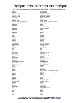 Lexique des termes techniqueLexique des termes techniqueLexique des termes techniqueLexique des termes technique
en maintenance et mécanique industrielle, électromécanique, ingénierieen maintenance et mécanique industrielle, électromécanique, ingénierieen maintenance et mécanique industrielle, électromécanique, ingénierieen maintenance et mécanique industrielle, électromécanique, ingénierie
steel strip feuillard d'acier
steel strip feuillard d'acier
steel strip in coils feuillard en rouleaux
steel strip in coils feuillard en rouleaux
steel strip in coils feuillard en rouleaux
steel window fenêtre métallique
steel wire fil d'acier
steel wire ropes cordes en acier
steel wire ropes with fibre cores cordes en acier avec âme en textile
steel wire under 0,6 mm fil carcasse
steel works aciérie
steelgrade nuance
steelmaking elaboration de l'acier
steelworker ouvrier sidérurgiste
steelworks aciérie
steelworks aciéries
steelworks aciérie
steep penché
steep abrupte
steep penché
steer(to) diriger(se)
steer(to) diriger(se)
steering direction
steering direction
steering wheel volant de direction
steering wheel volant de direction
stellsons clé stellsons
stellsons clé stellsons
stem tige
stem tige
stem tige
stem control commande par tige
stem from(to) provenir de
stem-operated commande par tige
stencil pochoir
stenter frame rame, (f.)
step diameter diamètre épaulement
step-ladder escabeau
stepped flange clutch ring rondelle épaulée
steps section coupe étagée
sterilizing filter filtre stérilisateur
stick baguette
stick(to) coller
sticker autocollant
sticker autocollant
stickers paquet de tôles (ou feuillards) collées
sticking grippage
sticking grippage
stiffen(to) raidir
stiffener contrefort
stiffness raideur
stiffness rigidité
stiffness energy énergie de rigidité
stiffness energy énergie de rigidité
stiffness rigidité
still toujours
stipply climentation
stitching wire fil d'agrafage
stock colonne des charges
stock dépôt
stock dépôt
stock dépôt
stock stock
stock stock
 