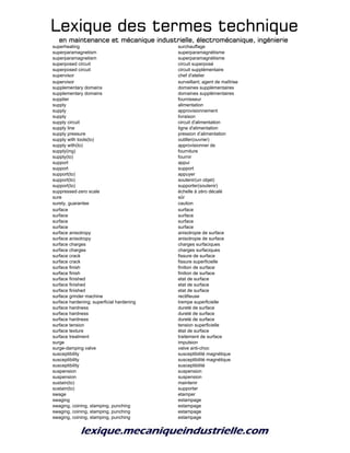 Lexique des termes techniqueLexique des termes techniqueLexique des termes techniqueLexique des termes technique
en maintenance et mécanique industrielle, électromécanique, ingénierieen maintenance et mécanique industrielle, électromécanique, ingénierieen maintenance et mécanique industrielle, électromécanique, ingénierieen maintenance et mécanique industrielle, électromécanique, ingénierie
superheating surchauffage
superparamagnetism superparamagnétisme
superparamagnetism superparamagnétisme
superposed circuit circuit superposé
superposed circuit circuit supplémentaire
supervisor chef d'atelier
supervisor surveillant; agent de maîtrise
supplementary domains domaines supplémentaires
supplementary domains domaines supplémentaires
supplier fournisseur
supply alimentation
supply approvisionnement
supply livraison
supply circuit circuit d'alimentation
supply line ligne d'alimentation
supply pressure pression d’alimentation
supply with tools(to) outiller(ouvrier)
supply with(to) approvisionner de
supply(ing) fourniture
supply(to) fournir
support appui
support support
support(to) appuyer
support(to) soutenir(un objet)
support(to) supporter(soutenir)
suppressed-zero scale échelle à zéro décalé
sure sûr
surety, guarantee caution
surface surface
surface surface
surface surface
surface surface
surface anisotropy anisotropie de surface
surface anisotropy anisotropie de surface
surface charges charges surfaciques
surface charges charges surfaciques
surface crack fissure de surface
surface crack fissure superficielle
surface finish finition de surface
surface finish finition de surface
surface finished etat de surface
surface finished etat de surface
surface finished etat de surface
surface grinder machine rectifieuse
surface hardening; superficial hardening trempe superficielle
surface hardness dureté de surface
surface hardness dureté de surface
surface hardness dureté de surface
surface tension tension superficielle
surface texture état de surface
surface treatment traitement de surface
surge impulsion
surge-damping valve valve anti-choc
susceptibility susceptibilité magnétique
susceptibility susceptibilité magnétique
susceptibility susceptibilité
suspension suspension
suspension suspension
sustain(to) maintenir
sustain(to) supporter
swage etamper
swaging estampage
swaging, coining, stamping, punching estampage
swaging, coining, stamping, punching estampage
swaging, coining, stamping, punching estampage
 