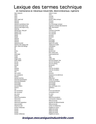 Lexique des termes techniqueLexique des termes techniqueLexique des termes techniqueLexique des termes technique
en maintenance et mécanique industrielle, électromécanique, ingénierieen maintenance et mécanique industrielle, électromécanique, ingénierieen maintenance et mécanique industrielle, électromécanique, ingénierieen maintenance et mécanique industrielle, électromécanique, ingénierie
tape measure mètre à ruban
taper cône
taper conicité
taper conique
taper head nail pointe à tête conique
tapered conique
tapered conique
tapered counterbore hole trou de lamage conique
tapered full length lining segment à double décroissance
tapered half length lining patin décroissant
tapering effilé
taphole gun, clay gun machine à boucher
tapped hole trou taraudé
tapped hole trou taraudé
tappet poussoir
tappet poussoir
tapping prise
tapping taraudage
tapping taraudage
tapping launder rigole de coulée
tapping rate;casting rate vitesse de coulée
taps, cocks and fittings robinetterie
tar goudron
tar goudron
tar(to) goudronner
tare tare; poids mort
tared pipe tuyau goudronné
target but
target cible
target costs coûts cible
tariff; freight tarif de transport, fret
tarmac aire de manoeuvre
tarmac aire de parking
tarnish ternissure
task tâche
taxistrip voie de circulation
taxiway voie de circulation
tear usure
tear out(to) arracher
tear resistance résistance à la déchirure
tear(to) déchirer
tearing machine effilocheur
technical specification cahier de charge
technical standards normes techniques
technology technologie
technology technologie
tecnical fabric tissu technique, (m.)
tedious fastidieux
tee té
tee connection té de raccordement
tee connector connecteur en té
tee union té union
teeming coulée
telecommunications télécommunications
telecontrol commande à distance
telecontrol télécommande
telecontrol apparatus appareil de télécommande
telecontrolled télécommandé
telephone dial cadran de téléphone
tember brittleness fragilité de revenu
temper degré de dureté
temper degré de dureté
temper degré de dureté
temper brittleness fragilité de revenu
 