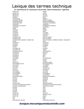 Lexique des termes techniqueLexique des termes techniqueLexique des termes techniqueLexique des termes technique
en maintenance et mécanique industrielle, électromécanique, ingénierieen maintenance et mécanique industrielle, électromécanique, ingénierieen maintenance et mécanique industrielle, électromécanique, ingénierieen maintenance et mécanique industrielle, électromécanique, ingénierie
abstract (to) abréger
abstract (to) extraire
abstract (to) résumer
abstract (to) soustraire
abutment butée
accelerate (to) accélérer
accelerated filtration filtration accélérée
accelerating device dispositif d'accélération
accelerating switch interrupteur d'accélération
acceleration accélération
acceleration due to gravity accélération par la gravité
accelerator accélérateur
accept agréer
accept (to) accepter
accept(to) agréer
acceptable acceptable
acceptance acceptation
acceptance réception
acceptance test essai de réception
acceptance test essai de recette
acceptance test; inspection; reception test essai de réception; contrôle de réception ; réceptionner
access accès
accessories accessoires
accessory accessoire
accessory accessoire
accident accident
accomplish (to) accomplir
accomplish (to) réaliser
accordance with (in) conformément à
according as selon que
according to d'après
according to selon
according to selon
accordingly en conséquence
account compte
account compte
account (to) considérer comme
accountable for (to be) être responsable de
accountancy comptabilité
accountant comptable
accrue (to) accumuler (s')
accrue to accroître (s')
accumulate accumuler
accumulate(to) accumuler
accumulate(to) emmagasinner
accumulator accumulateur
accumulator battery batterie d'accumulateurs
accuracy exactitude
accuracy exactitude
accuracy précision
accuracy précision
accuracy class classe d'exactitude
accuracy of a measuring instrument exactitude d'un instrument de mesure
accuracy of measurement exactitude de mesure
accurate exact
accurate exact
accurate précis
accurate précis
achieve (to) accomplir
achieve (to) atteindre (un but)
achieve (to) réaliser
acid acide
acid acide
acid bessemer converter convertisseur bessemer
 
