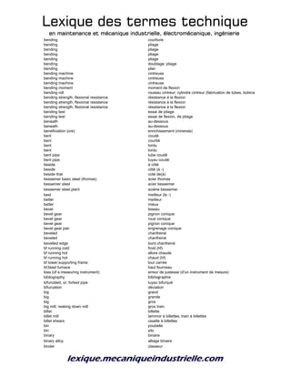 Lexique des termes techniqueLexique des termes techniqueLexique des termes techniqueLexique des termes technique
en maintenance et mécanique industrielle, électromécanique, ingénierieen maintenance et mécanique industrielle, électromécanique, ingénierieen maintenance et mécanique industrielle, électromécanique, ingénierieen maintenance et mécanique industrielle, électromécanique, ingénierie
bending courbure
bending pliage
bending pliage
bending pliage
bending pliage
bending doublage; pliage
bending plier
bending machine cintreuse
bending machine cintreuse
bending machine cintreuse
bending moment moment de flexion
bending roll rouleau cintreur; cylindre cintreur (fabrication de tubes, bobinages de bandes)
bending strength, flexional resistance résistance à la flexion
bending strength, flexional resistance résistance à la flexion
bending strength, flexional resistance résistance à la flexion
bending test essai de pliage
bending test essai de flexion, de pliage
beneath au-dessous
beneath au-dessous
beneficiation (ore) enrichissement (minerais)
bent coudé
bent courbé
bent tordu
bent tordu
bent pipe tube coudé
bent pipe tuyau coudé
beside à côté
beside côté (à -)
beside that coté de(à)
bessemer basic steel (thomas) acier thomas
bessemer steel acier bessemer
bessemer steel plant aciérie bessemer
best meilleur (le -)
better meilleur
better mieux
bevel biseau
bevel gear pignon conique
bevel gear roue conique
bevel gear pignon conique
bevel gear pair engrenage conique
beveled chanfreiné
beveled chanfreiné
bevelled edge bord chanfreiné
bf running cold froid (hf)
bf running hot allure chaude
bf running hot chaud (hf)
bf tower;supporting frame tour carrée
bf;blast furnace haut fourneau
bias (of a measuring instrument) erreur de justesse (d'un instrument de mesure)
bibliography bibliographie
bifurcated, or, forked pipe tuyau bifurqué
bifurcation déviation
big grand
big grande
big gros
big mill; reaking down mill gros train
billet billette
billet mill laminoir à billettes; train à billettes
billet shears cisaille à billettes
bin poubelle
bin silo
binary binaire
binary alloy alliage binaire
binder classeur
 