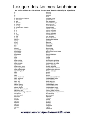 Lexique des termes techniqueLexique des termes techniqueLexique des termes techniqueLexique des termes technique
en maintenance et mécanique industrielle, électromécanique, ingénierieen maintenance et mécanique industrielle, électromécanique, ingénierieen maintenance et mécanique industrielle, électromécanique, ingénierieen maintenance et mécanique industrielle, électromécanique, ingénierie
top sommet
top sommet
top sommet
top haut
top casting; downhill teeming coulée en chute
top dead-centre point mort haut
top gas gas de gueulard
top of clouds sommet des nuages
top of stroke point mort haut
top pouring couler directement
top pressure;back pressure contrepression
top roll cylindre supérieur
top roll cylindre supérieur
top roll cylindre supérieur
top roll cylindre supérieur
top up(to) remettre à niveau
top view vue de dessus
top, cap bouchon(bouteille)
topsy-turry sens dessus dessous
tor (us) paccord
tor (us) pallonge
tor (us) prolongateur
torch chalumeau
torch chalumeau
toric seal point torique
torpedo laddle cigare (poche)
torpedo laddle poche torpille,poche cigare
torpedo laddle torpille
torpedo ladle poche-mélangeur
torque couple
torque couple
torque couple
torque amplifier amplificateur de couple
torque converter convertisseur de couple
torque converter convertisseur de couple
torque limiter limiteur de couple
torque limiting clutch limiteur de couple
torque magnetometer magnétomètre de torsion
torque magnetometer magnétomètre de torsion
torque timing cluch limiteur de couple
torsion torsion
torsion torsion
torsion torsion
torsion impact test essai de choc par torsion
torsion resistance résistance à la torsion
torsion test essai de torsion
torsion test essai de torsion
torsion test essai de torsion
torsional strength résistance à la torsion
torsional strength résistance à la torsion
torsional strength résistance à la torsion
total angle of transmission angle total de conduite
total contact ratio rapport total de conduite
totalizing (measuring) instrument appareil (de mesure) totalisateur
touch and go touché-décollé
touch down point point d'impact
touch up(to) retoucher
touch-up retouche
toughness solidité
toughness ténacité
toughness ténacité
toughness ténacité
toughness résistance
toughness rigidité
tow remorquer
 