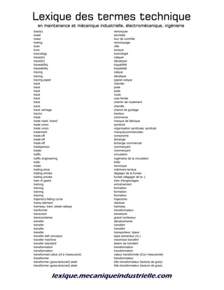 Lexique des termes techniqueLexique des termes techniqueLexique des termes techniqueLexique des termes technique
en maintenance et mécanique industrielle, électromécanique, ingénierieen maintenance et mécanique industrielle, électromécanique, ingénierieen maintenance et mécanique industrielle, électromécanique, ingénierieen maintenance et mécanique industrielle, électromécanique, ingénierie
tow(to) remorquer
towel serviette
tower tour de contrôle
towing remorquage
town ville
toxic toxique
toxicology toxicologie
trace(to) calquer
trace(to) décalquer
traceability traçabilité
traceability traçabilité
tracing calque
tracing décalque
tracing paper papier-calque
track chenille
track piste
track piste
track route
track voie ferrée
track chemin de roulement
track chenille
track carriage chariot de guidage
tractor tracteur
trade commerce
trade mark; brand marque de fabrique
trade union syndicat
trade union organisation syndicale; syndicat
trademark marque(commerciale)
trade-off compromis
trade-off échange
trade-off échange commercial
tradeperson commerçant
trader commerçant
traffic circulation
traffic engineering ingénierie de la circulation
trafic trafic
trailer remorque
trailing shoe mâchoire tendue
trailing smoke dégager de la fumée
trailing smoke fumée (dégager de la -)
train of gears train d'engrenages
training entraînement
training formation
training formation
training formation
trajectory;falling curve trajectoire
tramp element résiduel
tramway; tram; street railway tramway
tranformer transformateur
transcient transitoire
transcontainer grand conteneur
transfer décalcomanie
transfer transfert
transfer transfert
transfer transporteur; ripeur
transfer belt conveyor tapis extracteur (m.)
transfer machine machines transfert
transfer standard étalon de transfert
transformation transformation
transformation transformation
transformed value (of a measurand) valeur transformée (d'un mesurande)
transformer transformateur
transformer (goss-textured) steel tôle transformateur (texture de goss)
transformer (goss-textured) steel tôle transformateur (texture de goss)
 