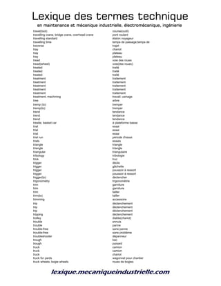 Lexique des termes techniqueLexique des termes techniqueLexique des termes techniqueLexique des termes technique
en maintenance et mécanique industrielle, électromécanique, ingénierieen maintenance et mécanique industrielle, électromécanique, ingénierieen maintenance et mécanique industrielle, électromécanique, ingénierieen maintenance et mécanique industrielle, électromécanique, ingénierie
travel(tool) course(outil)
travelling crane, bridge crane, overhead crane pont roulant
travelling standard étalon voyageur
travelling time temps de passage;temps de
traverse trajet
tray chariot
tray plateau
tray plateau
tread voie des roues
tread(wheel) voie(des roues)
treated traité
treated traité
treated traité
treatment traitement
treatment traitement
treatment traitement
treatment traitement
treatment traitement
treatment; machining travail; usinage
tree arbre
tremp (to) tremper
tremp(to) tremper
trend tendance
trend tendance
trend tendance
trestle; basket car à plateforme basse
trial essai
trial essai
trial essai
trial run période d'essai
trials essais
triangle triangle
triangle triangle
triangular triangulaire
tribology tribologie
trick truc
trigger déclic
trigger gâchette
trigger poussoir à ressort
trigger poussoir à ressort
trigger(to) déclencher
trigonometry trigonométrie
trim garniture
trim garniture
trim tailler
trim(to) tailler
trimming accessoire
trip déclenchement
trip déclenchement
trip déclenchement
tripping déclenchement
trolley diable(chariot)
trouble ennuis
trouble panne
trouble-free sans panne
trouble-free sans problème
troubleshooter dépanneur
trough bac
trough puisard
truck camion
truck camion
truck chariot
truck for yards wagonnet pour chantier
truck wheels; bogie wheels roues de bogies
 