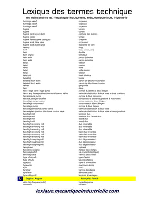 Lexique des termes techniqueLexique des termes techniqueLexique des termes techniqueLexique des termes technique
en maintenance et mécanique industrielle, électromécanique, ingénierieen maintenance et mécanique industrielle, électromécanique, ingénierieen maintenance et mécanique industrielle, électromécanique, ingénierieen maintenance et mécanique industrielle, électromécanique, ingénierie
turnings, swarf copeaux
turnings, swarf copeaux
turnings, swarf copeaux
tuyere tuyère
tuyere tuyère
tuyere band;tuyere belt ceinture des tuyères
tuyere cooler tympe
tuyere frame;tuyere casing;tu- chapelle
tuyere stock;blow pipe porte-vent
tuyere stock;bustle pipe descente de vent
twenty vingt
twill tissu croisé, (m.)
twin double
twin engine bimoteur
twin walls parois jumelles
twin walls parois jumelles
twist torsion
twist torsion
twist voile
twist voile-torsion
twist torsion
twist drill foret à hélice
twist(to) tordre
twisted bloch walls parois de bloch avec torsion
twisted bloch walls parois de bloch avec torsion
twitter gargouillis
two deux
two - stage vane - type pump pompe à palettes à deux étages
two – way three-position directional control valve valve de distribution à deux voies et trois positions
two pressure pump pompe à deux pressions
two roll,cone,jaw crusher concasseur à cylindres,giratoire, à machoires
two stage compression compression en deux étages
two stage compressor compresseur à deux étages
two stage pump pompe à deux étages
two way directional control valve valve de distribution à deux voies
two way two position directional control valve valve de distribution à deux voies et deux positions
two-high mill laminoir duo
two-high mill laminoir duo / stand duo
two-high mill stand duo
two-high mill stand duo
two-high reversing mill duo réversible
two-high reversing mill duo réversible
two-high reversing mill duo réversible
two-high reversing mill train duo réversible
two-high reversing mill train duo réversible
two-high reversing mill train duo réversible
two-high roughing mill duo dégrossisseur
two-high roughing mill duo dégrossisseur
two-high roughing mill duo dégrossisseur
two-phase biphasé
two-stroke engine moteur deux-temps
two-way switch va-et-vient(électrique)
two-way valve valve à deux voies
type of aircraft type d'avion
type of cuts type des tailles
type(to) taper à la machine
typewriter machine à écrire
tyre pneu
tyre bar barre à bandages
tyre lever démonte-pneu
tyre rolling mill laminoir à bandages
U u_English / Anglais u_Français / French
ultra high frequency(uhf) hyperfréquence
ultrasonic ultrason
 