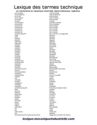 Lexique des termes techniqueLexique des termes techniqueLexique des termes techniqueLexique des termes technique
en maintenance et mécanique industrielle, électromécanique, ingénierieen maintenance et mécanique industrielle, électromécanique, ingénierieen maintenance et mécanique industrielle, électromécanique, ingénierieen maintenance et mécanique industrielle, électromécanique, ingénierie
unit of quantity unité de quantité
unit of resistance unité de résistance
unit of time unité de temps
unit of velocity unité de vitesse
unit of work unité de travail
universal universel
universal beam poutrelle universelle
universal files limes universelle
universal join joint de cardan
universal joint joint de cardan
universal mill train universel
universal mill train universel
universal mill train universel
universal rolling mill train universel, ou, à larges plats
unjam décoincer
unjam degripper
unjam(to) décoincer
unjam(to) dégripper
unjamm(to) débloquer
unjamming déblocage
unleaded sans plomb
unleaded sans plomb
unlimited illimité
unload(to) décharger
unloaded déchargé
unloaded non-chargé
unloader déchargeur
unloading décharge
unloading déchargement
unloading mise à vide
unloading valve valve de décharge
unloading valve valve de mise à vide
unpack(to) déballer
unplug(to) débrancher
unpriming désamorçage
unpriming of a pump désamorçage d'une pompe
unscrew dévisser
unscrew(screw)(to) desserrer(vis)
unscrew(to) dévisser
unskilled worker ouvrier non qualifié
unsteady instable
until jusqu'à
untwist(to) détordre
unusable inutilisable
unwedge(to) décaler
unwind(to) dévider
unworkable irréalisable
upholstery spring wire fil ressort pour sièges et literie
upper supérieur
upset (to) refouler
upsetting refoulage
upside down envers(à l')
upstream en amont
upstream en amont
uptake montée
up-to-date moderne
upwind vent debout
urgency urgence
urgency urgence
usable flank flanc utilisable
use emploi
use usage
useful volume volume utile
user utilisateur
user adjustment (of a measuring instrument) réglage (d'un instrument de mesure)
 