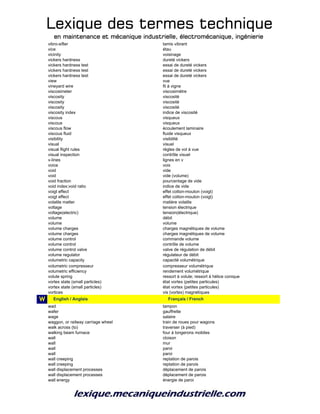 Lexique des termes techniqueLexique des termes techniqueLexique des termes techniqueLexique des termes technique
en maintenance et mécanique industrielle, électromécanique, ingénierieen maintenance et mécanique industrielle, électromécanique, ingénierieen maintenance et mécanique industrielle, électromécanique, ingénierieen maintenance et mécanique industrielle, électromécanique, ingénierie
vibro-sifter tamis vibrant
vice étau
vicinity voisinage
vickers hardness dureté vickers
vickers hardness test essai de dureté vickers
vickers hardness test essai de dureté vickers
vickers hardness test essai de dureté vickers
view vue
vineyard wire fil à vigne
viscosimeter viscosimètre
viscosity viscosité
viscosity viscosité
viscosity viscosité
viscosity index indice de viscosité
viscous visqueux
viscous visqueux
viscous flow écoulement laminaire
viscous fluid fluide visqueux
visibility visibilité
visual visuel
visual flight rules règles de vol à vue
visual inspection contrôle visuel
v-lines lignes en v
voice voix
void vide
void vide (volume)
void fraction pourcentage de vide
void index;void ratio indice de vide
voigt effect effet cotton-mouton (voigt)
voigt effect effet cotton-mouton (voigt)
volatile matter matière volatile
voltage tension électrique
voltage(electric) tension(électrique)
volume débit
volume volume
volume charges charges magnétiques de volume
volume charges charges magnétiques de volume
volume control commande volume
volume control contrôle de volume
volume control valve valve de régulation de débit
volume regulator régulateur de débit
volumetric capacity capacité volumétrique
volumetric compresseur compresseur volumétrique
volumetric efficiency rendement volumétrique
volute spring ressort à volute; ressort à hélice conique
vortex state (small particles) état vortex (petites particules)
vortex state (small particles) état vortex (petites particules)
vortices vis (vortex) magnétiques
W w_English / Anglais w_Français / French
wad tampon
wafer gauffrette
wage salaire
waggon, or railway carriage wheel train de roues pour wagons
walk across (to) traverser (à pied)
walking beam furnace four à longerons mobiles
wall cloison
wall mur
wall paroi
wall paroi
wall creeping reptation de parois
wall creeping reptation de parois
wall displacement processes déplacement de parois
wall displacement processes déplacement de parois
wall energy énergie de paroi
 