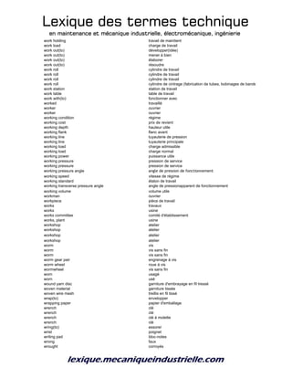 Lexique des termes techniqueLexique des termes techniqueLexique des termes techniqueLexique des termes technique
en maintenance et mécanique industrielle, électromécanique, ingénierieen maintenance et mécanique industrielle, électromécanique, ingénierieen maintenance et mécanique industrielle, électromécanique, ingénierieen maintenance et mécanique industrielle, électromécanique, ingénierie
work holding travail de maintient
work load charge de travail
work out(to) développer(idée)
work out(to) mener à bien
work out(to) élaborer
work out(to) résoudre
work roll cylindre de travail
work roll cylindre de travail
work roll cylindre de travail
work roll cylindre de cintrage (fabrication de tubes, bobinages de bandes)
work station station de travail
work table table de travail
work with(to) fonctionner avec
worked travaillé
worker ouvrier
worker ouvrier
working condition régime
working cost prix de revient
working depth hauteur utile
working flank flanc avant
working line tuyauterie de pression
working line tuyauterie principale
working load charge admissible
working load charge normal
working power puissance utile
working pressure pression de service
working pressure pression de service
working pressure angle angle de pression de fonctionnement
working speed vitesse de régime
working standard étalon de travail
working transverse pressure angle angle de pressionapparent de fonctionnement
working volume volume utile
workman ouvrier
workpiece pièce de travail
works travaux
works usine
works committee comité d'établissement
works, plant usine
workshop atelier
workshop atelier
workshop atelier
workshop atelier
worm vis
worm vis sans fin
worm vis sans fin
worm gear pair engrenage à vis
worm wheel roue à vis
wormwheel vis sans fin
worn usagé
worn usé
wound yarn disc garniture d'embrayage en fil tressé
woven material garniture tissée
woven wire mesh treillis en fil tissé
wrap(to) envelopper
wrapping paper papier d'emballage
wrench clé
wrench clé
wrench clé à molette
wrench clé
wring(to) essorer
wrist poignet
writing pad bloc-notes
wrong faux
wrought corroyés
 