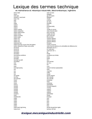Lexique des termes techniqueLexique des termes techniqueLexique des termes techniqueLexique des termes technique
en maintenance et mécanique industrielle, électromécanique, ingénierieen maintenance et mécanique industrielle, électromécanique, ingénierieen maintenance et mécanique industrielle, électromécanique, ingénierieen maintenance et mécanique industrielle, électromécanique, ingénierie
boron steel acier au bore
bosch etalages
bosh gas gaz de tuyere
boshes;(+ rare):bosh étalages
boss; hub moyeu
both à la fois
both les deux
bottle bouteille
bottom fond
bottom fond(de boîte)
bottom fond
bottom casting coulée en source
bottom clearance vide à fond de dent
bottom dead-centre point mort bas
bottom dross mattes de fond
bottom of stroke point mort bas
bottom plate tôle de fond
bottom roll cylindre inférieur
bottom roll cylindre inférieur
bottom roll cylindre inférieur
bottom(at the) fond(au)
bottom-pouring; to pour from the bottom couler en source
botton clearance of basic rack profile vide à fond de dents sur la crémaillère de référence (tc)
bound for destination de (à -)
bound for en route pour
bound for route pour (en -)
bound(to) lier
bound(to) limiter
boundaries conditions conditions aux limites
boundary limite
bounded limité
bounded up with lié à
boundless sans bornes
bow arc (m,)
bowl bol
bowl cuve
bow-type spring ressort à lames superposées
box boite
box chambre
box coffre
box caisse
box girder poutre caisson
box key clé à douille
box spanner clé à douille
brace entretoise
brace tirant
brace entretoise
brace { parenthèse
bracket console (support)
bracket crochet
bracket support
bracket support
bracket support
bracket ( parenthèse
braid tresse
braided wire fil tressé
brake frein
brake frein
brake frein
brake frein
brake frein
brake frein
brake band rigid lining bande de garniture rigide
brake drum tambour de frein
 