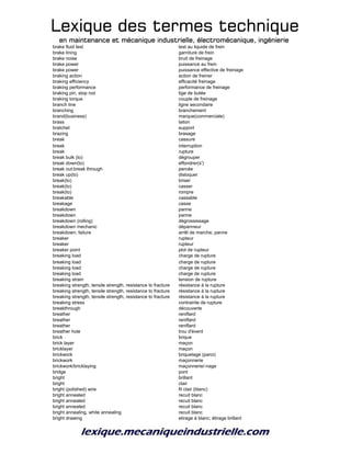 Lexique des termes techniqueLexique des termes techniqueLexique des termes techniqueLexique des termes technique
en maintenance et mécanique industrielle, électromécanique, ingénierieen maintenance et mécanique industrielle, électromécanique, ingénierieen maintenance et mécanique industrielle, électromécanique, ingénierieen maintenance et mécanique industrielle, électromécanique, ingénierie
brake fluid test test au liquide de frein
brake lining garniture de frein
brake noise bruit de freinage
brake power puissance au frein
brake power puissance effective de freinage
braking action action de freiner
braking efficiency efficacité freinage
braking performance performance de freinage
braking pin, stop rod tige de butée
braking torque couple de freinage
branch line ligne secondaire
branching branchement
brand(business) marque(commerciale)
brass laiton
bratchet support
brazing brasage
break cassure
break interruption
break rupture
break bulk (to) dégrouper
break down(to) effondrer(s')
break out;break through percée
break up(to) disloquer
break(to) briser
break(to) casser
break(to) rompre
breakable cassable
breakage casse
breakdown panne
breakdown panne
breakdown (rolling) dégrossissage
breakdown mechanic dépanneur
breakdown; failure arrêt de marche; panne
breaker rupteur
breaker rupteur
breaker point plot de rupteur
breaking load charge de rupture
breaking load charge de rupture
breaking load charge de rupture
breaking load charge de rupture
breaking strain tension de rupture
breaking strength, tensile strength, resistance to fracture résistance à la rupture
breaking strength, tensile strength, resistance to fracture résistance à la rupture
breaking strength, tensile strength, resistance to fracture résistance à la rupture
breaking stress contrainte de rupture
breakthrough découverte
breather reniflard
breather reniflard
breather reniflard
breather hole trou d'évent
brick brique
brick layer maçon
bricklayer maçon
brickwork briquetage (paroi)
brickwork maçonnerie
brickwork/bricklaying maçonnerie/-nage
bridge pont
bright brillant
bright clair
bright (polished) wire fil clair (blanc)
bright annealed recuit blanc
bright annealed recuit blanc
bright annealed recuit blanc
bright annealing, white annealing recuit blanc
bright drawing etirage à blanc; étirage brillant
 