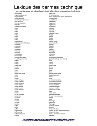 Lexique des termes techniqueLexique des termes techniqueLexique des termes techniqueLexique des termes technique
en maintenance et mécanique industrielle, électromécanique, ingénierieen maintenance et mécanique industrielle, électromécanique, ingénierieen maintenance et mécanique industrielle, électromécanique, ingénierieen maintenance et mécanique industrielle, électromécanique, ingénierie
bright drawn tréfilé clair
bright hard drawn wire fil de fer clair cru
bright steel bar barre étirée à blanc; barre étirée brillant
brinell hardness dureté brinell
brinell hardness number dureté brinnel
bring about(to) déterminer
bring sth closer(to) rapprocher
briquette aggloméré
briquetting; bricking briquetage
brittle cassant
brittle cassant
brittle cassant
brittle cassant / fragile
brittle fragile
brittle fragile
brittle fragile
brittle fragile
brittle fracture rupture fragile
brittle layer;embrittled layer zone fracturée
brittleness fragilité
brittleness fragilité
brittleness fragilité
brittleness fragilité
broaching brochage
broaching brochage
broad gauge voie large
broadcast(to) diffuser
broadflanged beams poutrelles à larges ailes
broad-flanged beams poutrelles à large ailes (bates)
broken brisé
broken cassé
broken cassé
broken line ligne brisée
bronze bronze
bronzed bronzé
broom balai
brown brun
brown coal; lignite houille brune; lignite
brush balai (électrique)
brush brosse
bubble bulle
bubble collapse annihilation de bulles
bubble collapse annihilation de bulles
bubble domains bulles magnétiques
bubble lattices réseaux de bulles
bubble lattices réseaux de bulles
bubble memory mémoire à bulles
bubble memory mémoires à bulles
bucket seau
bucket seau; godet
bucket conveyor elévateur à godets
bucket wire fil pour anses de seaux
buckle(to) tordre
buckled tordu
buckling flambage
buckling flambage
buckling flambage
buffer mémoire tampon
buffer tampon
buffer tampon de choc
buffer spring ressort de choc; ressort de tampon
buffer spring tampon de choc
buffer spring case boite à ressort pour tampon
building bâtiment
 