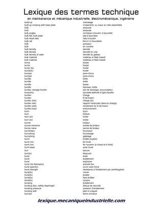 Lexique des termes techniqueLexique des termes techniqueLexique des termes techniqueLexique des termes technique
en maintenance et mécanique industrielle, électromécanique, ingénierieen maintenance et mécanique industrielle, électromécanique, ingénierieen maintenance et mécanique industrielle, électromécanique, ingénierieen maintenance et mécanique industrielle, électromécanique, ingénierie
build-up colmatage
built-up crossing with base plate croisement, ou coeur en rails assemblés
bulb ampoule
bulb ampoule
bulb angles cornières à boudin; à bourrelet
bulb flat, bulb plate plat à bourrelet
bulb head rails rails à boudin
bulb rail fers à t à bourrelets
bulk grosseur
bulk en nombre
bulk density densité
bulk density densité en vrac
bulk density of cake densité du gateau
bulk material matériau à l'état massif
bulk material matériau à l'état massif
bump bosse
bump bosse
bump (to) hurter
bump(to) hurter
bumper pare-chocs
bumper pare-chocs
bundle botte
bundle botte
bundle liasse
bundle faisceau; botte
bunker, storage bunker silo de stockage; accumulateur
buoyancy poussée;aptitude à (gaz,liquide)
burden charge
burden lit de fusion
burden (the) charge (la)
burden ratio rapport mine/coke (dans la charge)
burden yield rendement du lit de fusion
burden;input enfournement
burin burin
burn brûlure
burn (to) brûler
burn (to) brûler
burner brûleur
burner entrance entrée de brûleur
burner valve vanne de bruleur
burnishers brunissoir
burnishing brunissage
burnishing galetage
burnt brûlée (tuyère)
burnt iron fer brulé
burnt iron fer rouverin (à chaud et à froid)
burnt steel acier brulé
burr bavure
burr(to) ébavurer
burst éclat
burst éclatement
burst explosion
burst into flames(to) prendre feu
burst open(to) ouvrir avec force
burst strength résistance à l'éclatement par centrifugation
burst(to) crever
burst(to) éclater
burst(to) faire éclater
burst(to) rompre
bursting éclatement
bursting disc, safety diaphragm disque de sécurité
bursting pressure pression d’éclatement
bursting with plein à craquer
bus-bar barre omnibus
 