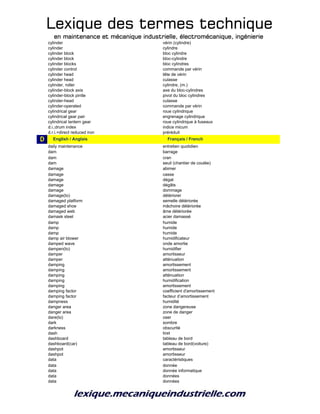 Lexique des termes techniqueLexique des termes techniqueLexique des termes techniqueLexique des termes technique
en maintenance et mécanique industrielle, électromécanique, ingénierieen maintenance et mécanique industrielle, électromécanique, ingénierieen maintenance et mécanique industrielle, électromécanique, ingénierieen maintenance et mécanique industrielle, électromécanique, ingénierie
cylinder vérin (cylindre)
cylinder cylindre
cylinder block bloc cylindre
cylinder block bloc-cylindre
cylinder blocks bloc cylindres
cylinder control commande par vérin
cylinder head tête de vérin
cylinder head culasse
cylinder, roller cylindre, (m.)
cylinder-block axis axe du bloc-cylindres
cylinder-block pintle pivot du bloc cylindres
cylinder-head culasse
cylinder-operated commande par vérin
cylindrical gear roue cylindrique
cylindrical gear pair engrenage cylindrique
cylindrical lantern gear roue cylindrique à fuseaux
d.i.;drum index indice micum
d.r.i.=direct reduced iron préréduit
D d_English / Anglais d_Français / French
daily maintenance entretien quotidien
dam barrage
dam cran
dam seuil (chantier de coulée)
damage abimer
damage casse
damage dégat
damage dégâts
damage dommage
damage(to) détériorer
damaged platform semelle détériorée
damaged shoe mâchoire détériorée
damaged web âme détériorée
damask steel acier damassé
damp humide
damp humide
damp humide
damp air blower humidificateur
damped wave onde amortie
dampen(to) humidifier
damper amortisseur
damper atténuation
damping amortissement
damping amortissement
damping atténuation
damping humidification
damping amortissement
damping factor coefficient d'amortissement
damping factor facteur d’amortissement
dampness humidité
danger area zone dangereuse
danger area zone de danger
dare(to) oser
dark sombre
darkness obscurité
dash tiret
dashboard tableau de bord
dashboard(car) tableau de bord(voiture)
dashpot amortisseur
dashpot amortisseur
data caractéristiques
data donnée
data donnée informatique
data données
data données
 