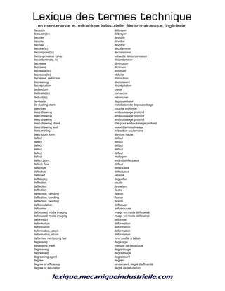 Lexique des termes techniqueLexique des termes techniqueLexique des termes techniqueLexique des termes technique
en maintenance et mécanique industrielle, électromécanique, ingénierieen maintenance et mécanique industrielle, électromécanique, ingénierieen maintenance et mécanique industrielle, électromécanique, ingénierieen maintenance et mécanique industrielle, électromécanique, ingénierie
declutch débrayer
declutch(to) débrayer
decoiler dévidoir
decoiler dévidoir
decoiler dévidoir
decoke(to) décalaminer
decompose(to) décomposer
decompression valve valve de décompression
decontaminate, to décontaminer
decrease diminution
decrease diminuer
decrease(to) diminuer
decrease(to) réduire
decrease; reduction diminution
decreasing décroissant
decrepitation décrépitation
dedendum creux
dedicate(to) consacrer
deduct(to) retrancher
de-duster dépoussiéreur
de-dusting plant installation de dépoussiérage
deep bed couche profonde
deep drawing emboutissage profond
deep drawing emboutissage profond
deep drawing emboutissage profond
deep drawing sheet tôle pour emboutissage profond
deep drawing test essai d'emboutissage
deep mining extraction souterraine
deep tooth form denture haute
defect défaut
defect défaut
defect défaut
defect défaut
defect défaut
defect malfaçon
defect point endroit défectueux
defect; flaw défaut
defective défectueux
defective défectueux
deferred retardé
deflate(to) dégonfler
deflection coude
deflection déviation
deflection flèche
deflection, bending flexion
deflection, bending flexion
deflection, bending flexion
deflocculation défloculer
defoamer anti-mousse
defocused mode imaging image en mode défocalisé
defocused mode imaging image en mode défocalisé
deform(to) déformer
deformation déformation
deformation déformation
deformation, strain déformation
deformation, strain déformation
deformed reinforcing bar rond profilé à béton
degassing dégazage
degassing mark marque de dégazage
degreasing dégraissage
degreasing dégraissage
degreasing agent dégraissant
degree degrés
degree of efficiency rendement, degré d'efficacité
degree of saturation degré de saturation
 