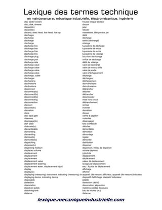 Lexique des termes techniqueLexique des termes techniqueLexique des termes techniqueLexique des termes technique
en maintenance et mécanique industrielle, électromécanique, ingénierieen maintenance et mécanique industrielle, électromécanique, ingénierieen maintenance et mécanique industrielle, électromécanique, ingénierieen maintenance et mécanique industrielle, électromécanique, ingénierie
disc sector covers housse disque secteur
disc; disk; sheave disque
discard(to) jeter
discard(to) rebuter
discard; dead head; lost head; hot top masselotte; tête perdue; jet
dischagre débit
discharge décharge
discharge sortie (décharge)
discharge vidange
discharge line tuyauterie de décharge
discharge line tuyauterie de retour
discharge line tuyauterie de sortie
discharge line tuyauterie de vidange
discharge plug bouchon de vidange
discharge port orifice de décharge
discharge rate débit de vidange
discharge valve valve de décharge
discharge valve valve de mise à vide
discharge valve valve de sortie
discharge valve valve d'échappement
discharge; outlet décharge
discharger déchargeur
discharging déchargement
disclinations disinclinaisons
disclinations disinclinaisons
disconnect débrancher
disconnect(to) déboîter
disconnect(to) débrancher
disconnect(to) déconnecter
disconnecting mise hors circuit
disconnection débranchement
discount remise
discover(to) inventer
discretion discrétion
discs disque
disc-type gate vanne à papillon
diseases maladies
disengage(to) désengager
dish plate tôle à emboutir
dislocate(to) déboîter
dismantleable démontable
dismantling démolition
dismantling démontage
dismiss(to) rejeter
dismontle(to) démonter
dispatching distribution
disperse(to) disperser
dispersing medium dispersion, milieu de disperion
displaced volume volume déplacé
displacement cylindrée
displacement déplacement
displacement déplacement
displacement value valeur de déplacement
displacement washing lavage par déplacement
displacement water, displacement liquid eau / liquide de déplacement
display affichage
display(to) afficher
displaying (measuring) instrument, indicating (measuring) instrumentappareil (de mesure) afficheur, appareil (de mesure) indicateur
displaying device, indicating device dispositif d'affichage, dispositif indicateur
disposable jetable
dissection dissection (de hf)
dissociation dissociation, séparation
dissolved solids matières solides dissoutes
dissolving tank bac de refonte (m.)
distance distance
 