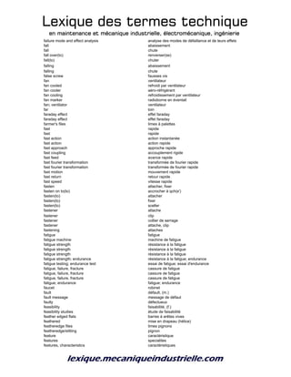 Lexique des termes techniqueLexique des termes techniqueLexique des termes techniqueLexique des termes technique
en maintenance et mécanique industrielle, électromécanique, ingénierieen maintenance et mécanique industrielle, électromécanique, ingénierieen maintenance et mécanique industrielle, électromécanique, ingénierieen maintenance et mécanique industrielle, électromécanique, ingénierie
failure mode and effect analysis analyse des modes de défaillance et de leurs effets
fall abaissement
fall chute
fall over(to) renverser(se)
fall(to) chuter
falling abaissement
falling chute
false screw fausses vis
fan ventilateur
fan cooled refroidi par ventilateur
fan cooler aéro-réfrigérant
fan cooling refroidissement par ventilateur
fan marker radioborne en éventail
fan; ventilator ventilateur
far loin
faraday effect effet faraday
faraday effect effet faraday
farmer's files limes à palettes
fast rapide
fast rapide
fast action action instantanée
fast action action rapide
fast approach approche rapide
fast coupling accouplement rigide
fast feed avance rapide
fast fourier transformation transformée de fourier rapide
fast fourier transformation transformée de fourier rapide
fast motion mouvement rapide
fast return retour rapide
fast speed vitesse rapide
fasten attacher, fixer
fasten on to(to) accrocher à qch(s')
fasten(to) attacher
fasten(to) fixer
fasten(to) sceller
fastener attache
fastener clip
fastener collier de serrage
fastener attache, clip
fastening attaches
fatigue fatigue
fatigue machine machine de fatigue
fatigue strength résistance à la fatigue
fatigue strength résistance à la fatigue
fatigue strength résistance à la fatigue
fatigue strength; endurance résistance à la fatigue; endurance
fatigue testing; endurance test essai de fatigue; essai d'endurance
fatigue, failure, fracture cassure de fatigue
fatigue, failure, fracture cassure de fatigue
fatigue, failure, fracture cassure de fatigue
fatigue; endurance fatigue; endurance
faucet robinet
fault défault, (m.)
fault message message de défaut
faulty défectueux
feasibility faisabilité, (f.)
feasibility studies étude de faisabilité
feather edged flats barres à arêtes vives
feathered mise en drapeau (hélice)
featheredge files limes pignons
featheredge/slitting pignon
feature caractéristique
features specialites
features, characteristics caractéristiques
 