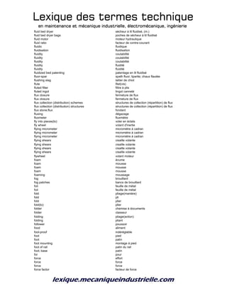 Lexique des termes techniqueLexique des termes techniqueLexique des termes techniqueLexique des termes technique
en maintenance et mécanique industrielle, électromécanique, ingénierieen maintenance et mécanique industrielle, électromécanique, ingénierieen maintenance et mécanique industrielle, électromécanique, ingénierieen maintenance et mécanique industrielle, électromécanique, ingénierie
fluid bed dryer sécheur à lit fluidisé, (m.)
fluid bed dryer bags poches de sécheur à lit fluidisé
fluid motor moteur hydraulique
fluid ratio facteur de contre-courant
fluidic fluidique
fluidisation fluidisation
fluidity coulabilité
fluidity coulabilité
fluidity coulabilité
fluidity fluidité
fluidity fluidité
fluidized bed patenting patentage en lit fluidisé
fluor-spar spath fluor; liparite; chaux flautée
flushing slag laitier de chiot
flute filet(vis)
fluted filter filtre à plis
fluted ingot lingot cannelé
flux closure fermeture de flux
flux closure fermeture de flux
flux collection (distribution) schemes structures de collection (répartition) de flux
flux collection (distribution) structures structures de collection (répartition) de flux
flux stone;flux fondant
fluxing dégazage
fluxmeter fluxmètre
fly into pieces(to) voler en éclats
fly wheel volant d'inertie
flying micrometer micromètre à cadran
flying micrometer micromètre à cadran
flying micrometer micromètre à cadran
flying shears cisaille volante
flying shears cisaille volante
flying shears cisaille volante
flying shears cisaille volante
flywheel volant moteur
foam écume
foam mousse
foam mousse
foam mousse
foaming moussage
fog brouillard
fog patches bancs de brouillard
foil feuille de métal
foil feuille de métal
fold pliage(manière)
fold pli
fold plier
fold(to) plier
folder chemise à documents
folder classeur
folding pliage(action)
folding pliant
follower poussoir
food aliment
fool-proof indéréglable
foot pied
foot patin
foot mounting montage à pied
foot of rail patin du rail
foot; base patin
for pour
force effort
force force
force force
force factor facteur de force
 