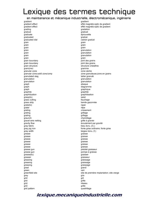 Lexique des termes techniqueLexique des termes techniqueLexique des termes techniqueLexique des termes technique
en maintenance et mécanique industrielle, électromécanique, ingénierieen maintenance et mécanique industrielle, électromécanique, ingénierieen maintenance et mécanique industrielle, électromécanique, ingénierieen maintenance et mécanique industrielle, électromécanique, ingénierie
gradient gradient
gradient effect effet magnéto-optic de gradient
gradient effect effet magnéto-optic de gradient
grading gradation
gradual graduel
graduate éprouvette
graduated gradué
graduated dial cadran gradué
grain grain
grain grain
grain grain
grain granulation
grain granulation
grain granulation
grain grain
grain boundary joint des grains
grain boundary joint des grains
grain structure structure cristalline
gram(me) gramme
granular zone zone sèche
granular zone;solid zone;lump zone granuleuse;zone en grains
granulated slag laitier granulé
granulation granulation
granulation granulation
graph abaque
graph diagramme
graph graphique
graphite graphite
graphitization graphitisation
grasp(to) saisir
grass cutting fauchage
grass strip bande gazonnée
grate(to) raper
grater râpe
grating crissement
grating grillage
grating grillage
graunch chariottage
gravel wire netting grille à gravier
gravity flow écoulement par gravité
gray fabric tissu écru, (m.)
gray pig iron fonte grise ordinaire; fonte grise
gray width largeur écru, (f.)
grease graisse
grease graisse
grease graisse
grease graisse
grease graisse
grease graisse
grease gun pistolet graisseur
grease gun pompe à graisse
grease(to) graisser
greaser graisseur
greasing graissage
greasing graissage
greasing graissage
great grand
green vert
greenfield site site de première implantation; site vierge
grey gris
grid gril
grid grille
grid réseau
grid grille
grid pattern quadrillage
 