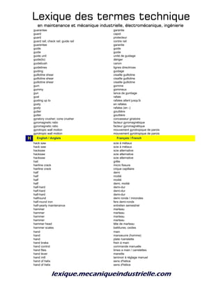 Lexique des termes techniqueLexique des termes techniqueLexique des termes techniqueLexique des termes technique
en maintenance et mécanique industrielle, électromécanique, ingénierieen maintenance et mécanique industrielle, électromécanique, ingénierieen maintenance et mécanique industrielle, électromécanique, ingénierieen maintenance et mécanique industrielle, électromécanique, ingénierie
guarantee garantie
guard capot
guard protecteur
guard rail; check rail; guide rail contre rail
guarentee garantie
guide guide
guide guide
guide unit unité de guidage
guide(to) dériger
guidebush canon
guidelines lignes directrices
guiding guidage
guillotine shear cisaille guillotine
guillotine shear cisaille guillotine
guillotine shear cisaille guillotine
gum gomme
gummy gommeux
gun lance de gunitage
gust rafale
gusting up to rafales allant jusqu'à
gusty en rafales
gusty rafales (en -)
gutter gouttière
gutter gouttière
gyratory crusher; cone crusher concasseur giratoire
gyromagnetic ratio facteur gyromagnétique
gyromagnetic ratio facteur gyromagnétique
gyrotropic wall motion mouvement gyrotropique de parois
gyrotropic wall motion mouvement gyrotropique de parois
H h_English / Anglais h_Français / French
hack saw scie à métaux
hack saw scie à métaux
hacksaw scie alternative
hacksaw scie alternative
hacksaw scie alternative
hail grêle
hairline crack micro fissure
hairline crack crique capillaire
half demi
half moitié
half moitié
half demi, moitié
half-hard demi-dur
half-hard demi-dur
half-hard demi-dur
halfround demi ronde / mirondes
half-round iron fers demi-ronds
half-yearly maintenance entretien semestriel
hammer marteau
hammer marteau
hammer marteau
hammer marteau
hammer head tête de marteau
hammer scales battitures; oxides
hand main
hand manoeuvre (homme)
hand plate /carrelette
hand brake frein à main
hand control commande manuelle
hand files limes a main / carrelettes
hand lever manette
hand mill laminoir à réglage manuel
hand of helix sens d'hélice
hand of helix sens d'hélice
 