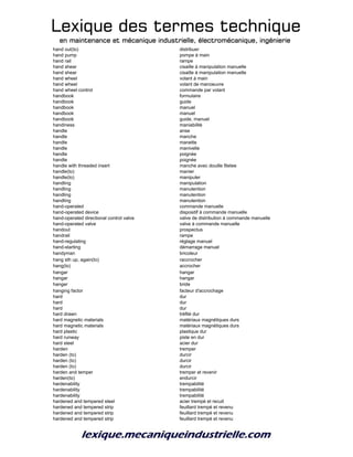 Lexique des termes techniqueLexique des termes techniqueLexique des termes techniqueLexique des termes technique
en maintenance et mécanique industrielle, électromécanique, ingénierieen maintenance et mécanique industrielle, électromécanique, ingénierieen maintenance et mécanique industrielle, électromécanique, ingénierieen maintenance et mécanique industrielle, électromécanique, ingénierie
hand out(to) distribuer
hand pump pompe à main
hand rail rampe
hand shear cisaille à manipulation manuelle
hand shear cisaille à manipulation manuelle
hand wheel volant à main
hand wheel volant de manoeuvre
hand wheel control commande par volant
handbook formulaire
handbook guide
handbook manuel
handbook manuel
handbook guide, manuel
handiness maniabilité
handle anse
handle manche
handle manette
handle manivelle
handle poignée
handle poignée
handle with threaded insert manche avec douille filetee
handle(to) manier
handle(to) manipuler
handling manipulation
handling manutention
handling manutention
handling manutention
hand-operated commande manuelle
hand-operated device dispositif à commande manuelle
hand-operated directional control valve valve de distribution à commande manuelle
hand-operated valve valve à commande manuelle
handout prospectus
handrail rampe
hand-regulating réglage manuel
hand-starting démarrage manuel
handyman bricoleur
hang sth up, again(to) raccrocher
hang(to) accrocher
hangar hangar
hangar hangar
hanger bride
hanging factor facteur d'accrochage
hard dur
hard dur
hard dur
hard drawn tréfilé dur
hard magnetic materials matériaux magnétiques durs
hard magnetic materials matériaux magnétiques durs
hard plastic plastique dur
hard runway piste en dur
hard steel acier dur
harden tremper
harden (to) durcir
harden (to) durcir
harden (to) durcir
harden and temper tremper et revenir
harden(to) endurcir
hardenability trempabilité
hardenability trempabilité
hardenability trempabilité
hardened and tempered steel acier trempé et recuit
hardened and tempered strip feuillard trempé et revenu
hardened and tempered strip feuillard trempé et revenu
hardened and tempered strip feuillard trempé et revenu
 