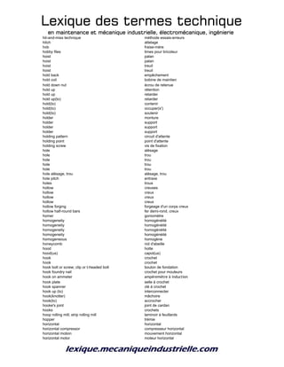 Lexique des termes techniqueLexique des termes techniqueLexique des termes techniqueLexique des termes technique
en maintenance et mécanique industrielle, électromécanique, ingénierieen maintenance et mécanique industrielle, électromécanique, ingénierieen maintenance et mécanique industrielle, électromécanique, ingénierieen maintenance et mécanique industrielle, électromécanique, ingénierie
hit-and-miss technique méthode essais-erreurs
hitch attelage
hob fraise-mère
hobby files limes pour bricoleur
hoist palan
hoist palan
hoist treuil
hoist treuil
hold back empêchement
hold coil bobine de maintien
hold down nut écrou de retenue
hold up rétention
hold up retarder
hold up(to) retarder
hold(to) contenir
hold(to) occuper(s')
hold(to) soutenir
holder monture
holder support
holder support
holder support
holding pattern circuit d'attente
holding point point d'attente
holding screw vis de fixation
hole alésage
hole trou
hole trou
hole trou
hole trou
hole alésage, trou alésage, trou
hole pitch entraxe
holes trous
hollow creuses
hollow creux
hollow creux
hollow creux
hollow forging forgeage d'un corps creux
hollow half-round bars fer demi-rond, creux
homer goniomètre
homogeneity homogénéité
homogeneity homogénéité
homogeneity homogénéité
homogeneity homogénéité
homogeneous homogène
honeycomb nid d'abeille
hood hotte
hood(us) capot(us)
hook crochet
hook crochet
hook bolt or screw; clip or t-headed bolt boulon de fondation
hook foundry nail crochet pour mouleurs
hook on ammeter ampèremètre à induction
hook plate selle à crochet
hook spanner clé à crochet
hook up (to) interconnecter
hook(knotter) mâchoire
hook(to) accrocher
hooke's joint joint de cardan
hooks crochets
hoop rolling mill; strip rolling mill laminoir à feuillards
hopper trémie
horizontal horizontal
horizontal compressor compresseur horizontal
horizontal motion mouvement horizontal
horizontal motor moteur horizontal
 
