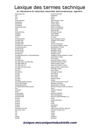 Lexique des termes techniqueLexique des termes techniqueLexique des termes techniqueLexique des termes technique
en maintenance et mécanique industrielle, électromécanique, ingénierieen maintenance et mécanique industrielle, électromécanique, ingénierieen maintenance et mécanique industrielle, électromécanique, ingénierieen maintenance et mécanique industrielle, électromécanique, ingénierie
horizontal pump pompe horizontale
horn avertisseur
horn sirène
horn klaxon
horse rasp plain râpe marechal / rifloir
horsepower cheval vapeur
horsepower cheval_vapeur
horsepower chevaux vapeur
horse-power factor facteur de puissance
hose tuyau en caoutchouc
hose tuyau flexible
hose armouring armature de tuyau
hosepipe tuyau flexible
hosepipe tuyau flexible
hot air air chaud
hot bending test essai de pliage à chaud
hot blast main rectiligne à vent chaud
hot blast stove cowper
hot blast valve vanne à vent chaud
hot brittle iron; red short iron fer cassant (fragile) à chaud
hot dip galvanizing galvanisation à chaud
hot dip tinning etamage à chaud
hot dip tinning etamage à chaud
hot dip tinning etamage à chaud
hot drawing etirage à chaud
hot galvanizing plant, hot dip galvanizing installation de galvanisation à chaud
hot judder broutement à chaud
hot metal fonte liquide
hot rolled bars barres laminées à chaud
hot rolled hoop; hot rolled strip feuillards laminés à chaud
hot rolled sheet coil bobine de tôle à chaud
hot rolled strip coil bobine de feuillard à chaud
hot rolled wide strip (coils) larges bandes à chaud (coils)
hot rolling laminage à chaud
hot saw scie à chaud
hot scarfing ecriquage à chaud
hot spot point chaud
hot spot point chaud
hot spot point chaud
hot stove appareil cowper
hot stove cowper
hot wedge welding machine machine de soudure à chaud
hot-air paint stripper décapeur thermique
hot-dip galvanising galvanisation au trempé
hot-rolled carbon steel products laminés à chaud en acier au carbone
hour heure
hourmeter compteur d'heures
house maison
house painter peintre en bâtiment
household files limes domestiques
household filter filtre pour électroménager, (m.)
housing boîtier
housing calotte (de tuyère)
housing carter
housing carter
housing enchassure
housing logement
housing for two rolls cage à deux cylindres, cage duo
how do you read comment recevez-vous
hub moyeu
hub moyeu
hub moyeu
hubcap enjoliveur
hubcap enjoliveur
 
