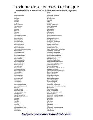Lexique des termes techniqueLexique des termes techniqueLexique des termes techniqueLexique des termes technique
en maintenance et mécanique industrielle, électromécanique, ingénierieen maintenance et mécanique industrielle, électromécanique, ingénierieen maintenance et mécanique industrielle, électromécanique, ingénierieen maintenance et mécanique industrielle, électromécanique, ingénierie
hue teinte
hue teinte
human resources ressources humaines
humid humide
humidifier humidificateur
humidity humidité
hundred cent
hurry (to) accélérer
hvdraulic energy énergie hydraulique
hvdraulic fluid fluide hydraulique
hybrid fabric tissu hybride
hydraulic hydraulique
hydraulic hydraulique
hydraulic hydraulique
hydraulic hydraulique
hydraulic accumulator accumulateur hydraulique
hydraulic brake frein hydraulique
hydraulic chuck mandrin hydraulique
hydraulic circuit circuit hydraulique
hydraulic control commande hydraulique
hydraulic cushion amortisseur hydraulique
hydraulic cushion coussin hydraulique
hydraulic cylinder vérin hydraulique
hydraulic diagram schéma hydraulique
hydraulic direction control valve valve de distribution hydraulique
hydraulic drive commande hydraulique
hydraulic efficiency rendement hydraulique
hydraulic engine machine hydraulique
hydraulic equipment appareillage hydraulique
hydraulic equipment équipement hydraulique
hydraulic filter filtre hydraulique
hydraulic installation installation hydraulique
hydraulic interlock asservissement hydraulique
hydraulic interlock interverrouillage hydraulique
hydraulic locking verrouillage hydraulique
hydraulic motor moteur hydraulique
hydraulic oil huile pour circuits hydrauliques
hydraulic power-unit centrale hydraulique
hydraulic power-unit groupe générateur hydraulique
hydraulic pump pompe hydraulique
hydraulic ram bélier hydraulique
hydraulic system système hydraulique
hydraulic tooling outillage hydraulique
hydraulic trolley trans-palette(chariot)
hydraulic unit groupe hydraulique
hydraulic unit unité hydraulique
hydraulic valve valve hydraulique
hydraulically-operated commande hydraulique
hydraulic-pilot operated commande par pilote hydraulique
hydraulics hydraulique
hydro pneumatic hydro pneumatique
hydrochloric acid acide chlorhydrique
hydrocushion type valve valve type à coussin d'huile
hydrodynamic hydrodynamique
hydrodynamic drive commande hydrodynamique
hydrodynamic lubrication lubrification hydrodynamique
hydrogen hydrogène
hydrogen hydrogène
hydrogen hydrogène
hydrogen hydrogène
hydrogen hydrogène
hydromechanical hydromécanique
hydromechanical drive commande hydromécanique
hydrophilic hydrophile
hydrophobic hydrophobe
 