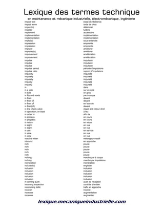 Lexique des termes techniqueLexique des termes techniqueLexique des termes techniqueLexique des termes technique
en maintenance et mécanique industrielle, électromécanique, ingénierieen maintenance et mécanique industrielle, électromécanique, ingénierieen maintenance et mécanique industrielle, électromécanique, ingénierieen maintenance et mécanique industrielle, électromécanique, ingénierie
impact test essai de résilience
impact wave onde de choc
impair(to) détériorer
impeller turbine
implement accessoire
implementation implémentation
implementation implémentation
imply(to) sous-entendre
impression empreinte
impression empreinte
improve améliorer
improve(to) améliorer
improvement amélioration
improvement amélioration
impulse impulsion
impulse impulsion
impulse impulsion
impulse period période d'impulsions
impulse ratio rapport d'impulsions
impurety impureté
impurety impureté
impurety impureté
impurity impureté
impurity impureté
in dans
in a side sur un coté
in bulk en gros
in fits and starts par à-coups
in front devant
in front of devant
in front of en face de
in front(of) devant
in line check valve clapet anti retour droit
in operation; on blast à feu
in order to afin de
in process en cours
in progress en cours
in return en retour
in sight en vue
in sight en vue
in use en service
in view en vue
in view en vue
inactive mixer mélangeur inactif
inbound en approche
inch pouce
inch pouce
inch pouce
inch pouce
inch pouce
inching marche par à coups
inching marche par impulsions
incineration incinération
include(to) englober
inclusion inclusion
inclusion inclusion
inclusion inclusion
inclusion inclusion
inclusion inclusion
in-coming audit audit de réception
incoming inspection contrôle d'entrée
incomming trafic trafic en approche
inconel inconel
increase augmentation
increase augmenter
 
