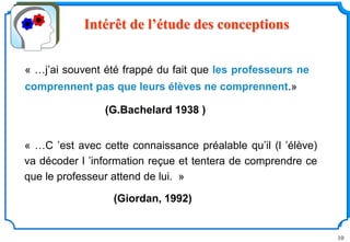 10
Intérêt de l’étude des conceptions
« …C ’est avec cette connaissance préalable qu’il (l ’élève)
va décoder l ’information reçue et tentera de comprendre ce
que le professeur attend de lui. »
(Giordan, 1992)
« …j’ai souvent été frappé du fait que les professeurs ne
comprennent pas que leurs élèves ne comprennent.»
(G.Bachelard 1938 )
 