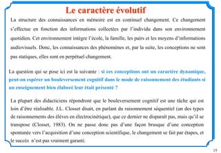 15
La structure des connaissances en mémoire est en continuel changement. Ce changement
s’effectue en fonction des informations collectées par l’individu dans son environnement
quotidien. Cet environnement intègre l’école, la famille, les pairs et les moyens d’informations
audiovisuels. Donc, les connaissances des phénomènes et, par la suite, les conceptions ne sont
pas statiques, elles sont en perpétuel changement.
Le caractère évolutif
La question qui se pose ici est la suivante : si ces conceptions ont un caractère dynamique,
peut-on espérer un bouleversement cognitif dans le mode de raisonnement des étudiants si
un enseignement bien élaboré leur était présenté ?
La plupart des didacticiens répondront que le bouleversement cognitif est une tâche qui est
loin d’être réalisable. J.L. Closset disait, en parlant du raisonnement séquentiel (un des types
de raisonnements des élèves en électrocinétique), que ce dernier ne disparaît pas, mais qu’il se
transpose (Closset, 1983). On ne passe donc pas d’une façon brusque d’une conception
spontanée vers l’acquisition d’une conception scientifique, le changement se fait par étapes, et
le succès n’est pas vraiment garanti.
 