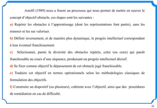 26
Astolfi (1989) nous a fourni un processus qui nous permet de mettre en oeuvre le
concept d’objectif-obstacle, ces étapes sont les suivantes :
a) Repérer les obstacles à l’apprentissage (dont les représentations font partie), sans les
minorer ni les sur valoriser.
b) Définir inversement, et de manière plus dynamique, le progrès intellectuel correspondant
à leur éventuel franchissement.
c) Sélectionner, parmi la diversité des obstacles repérés, celui (ou ceux) qui paraît
franchissable au cours d’une séquence, produisant un progrès intellectuel décisif.
d) Se fixer comme objectif le dépassement de cet obstacle jugé franchissable.
e) Traduire cet objectif en termes opérationnels selon les méthodologies classiques de
formulation des objectifs.
f) Construire un dispositif (ou plusieurs), cohérent avec l’objectif, ainsi que des procédures
de remédiation en cas de difficulté.
 