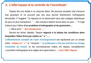 32
2. L’effet topaze et le contrôle de l’incertitude
Topaze fait une dictée à un mauvais élève. Ne pouvant accepter trop d’erreurs
trop grossière et ne pouvant pas non plus donner directement l’orthographe
demandée, il "suggère " la réponse en la dissimulant sous des codages didactiques
de plus en plus transparent : “ …des moutons étaient réunis dans un parc… ” il s’agit
d’abord pour l’élève d’un problème d’orthographe et de grammaire…
L ’élève écrit : “ des moutonsses …. ”
Devant les échec répétés, Topaze négocie à la baisse les conditions dans
lesquelles l’élève finira par mettre ce “ s ”…..
L’effondrement complet de l’acte d’enseignement est représenté par un simple
ordre : mettez un “ s ” à “ moutons ” : le professeur a fini par prendre en charge
l’essentiel du travail. Ici les connaissances visées ont disparu complètement
( connaître l’orthographe et le règles de la grammaire ) : c’est l’effet Topaze.
 