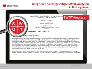 11© LexisNexis 2014
Integrieren Sie vorgefertigte SWOT-Analysen
in Ihre eigenen.
SWOT-Analyse
Quelle: GlobalData
S W
O T
 
