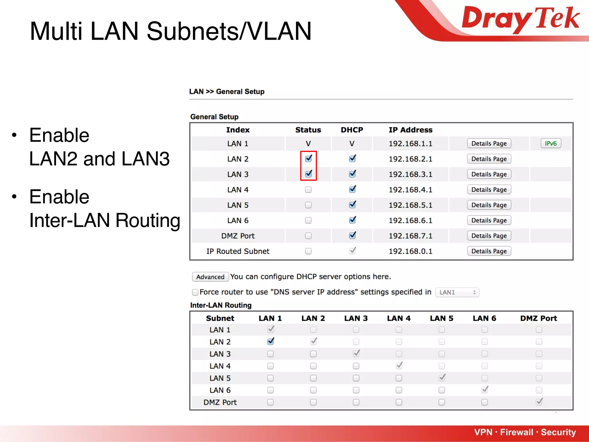 9
• Enable  
LAN2 and LAN3
• Enable  
Inter-LAN Routing
Multi LAN Subnets/VLAN
 